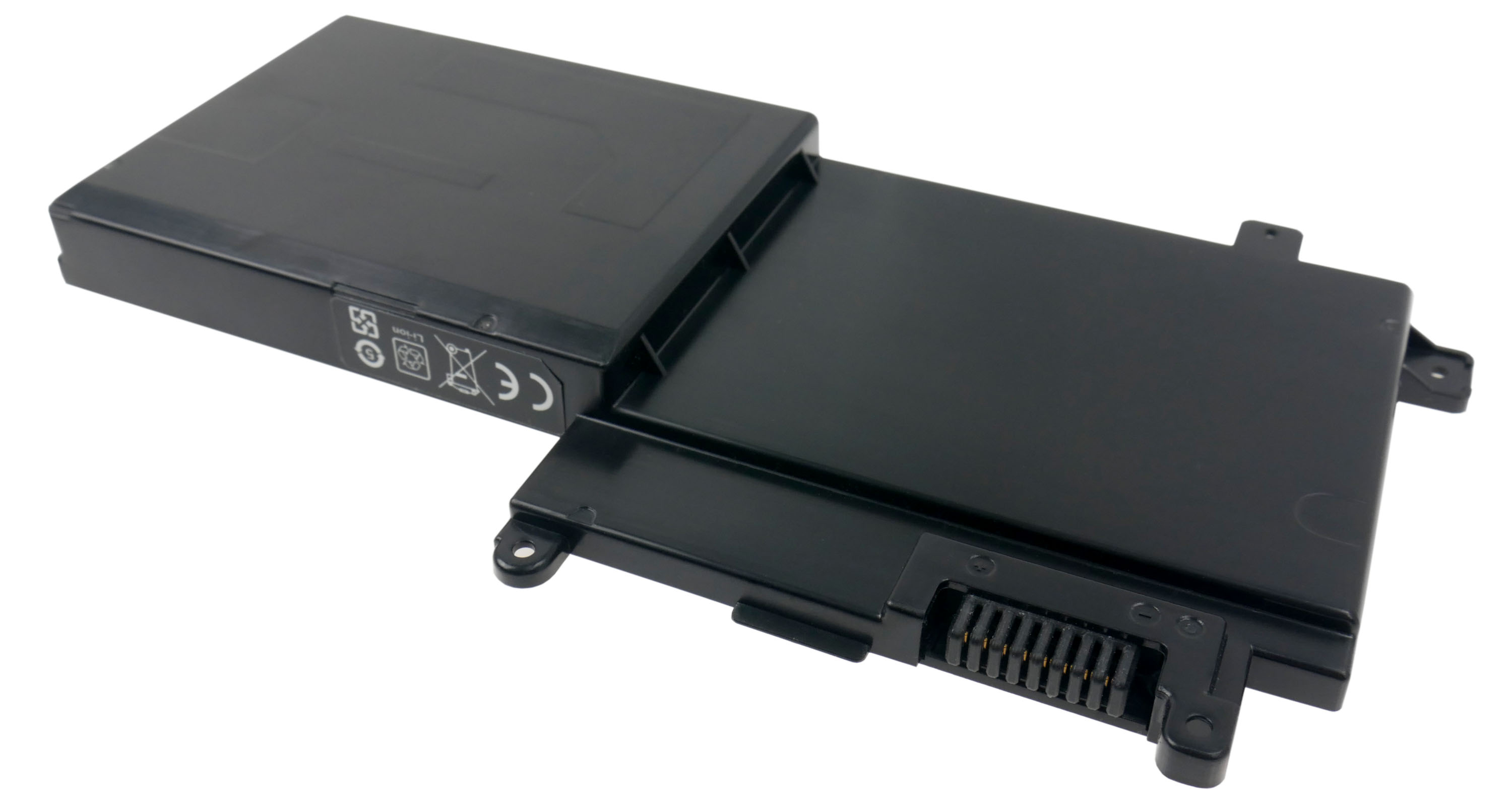 Czarna bateria do laptopa ze złączem i symbolami bezpieczeństwa.