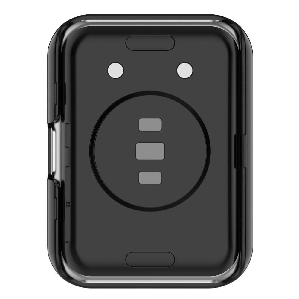 Arrière d'une montre connectée noire avec contacts de charge et capteurs.