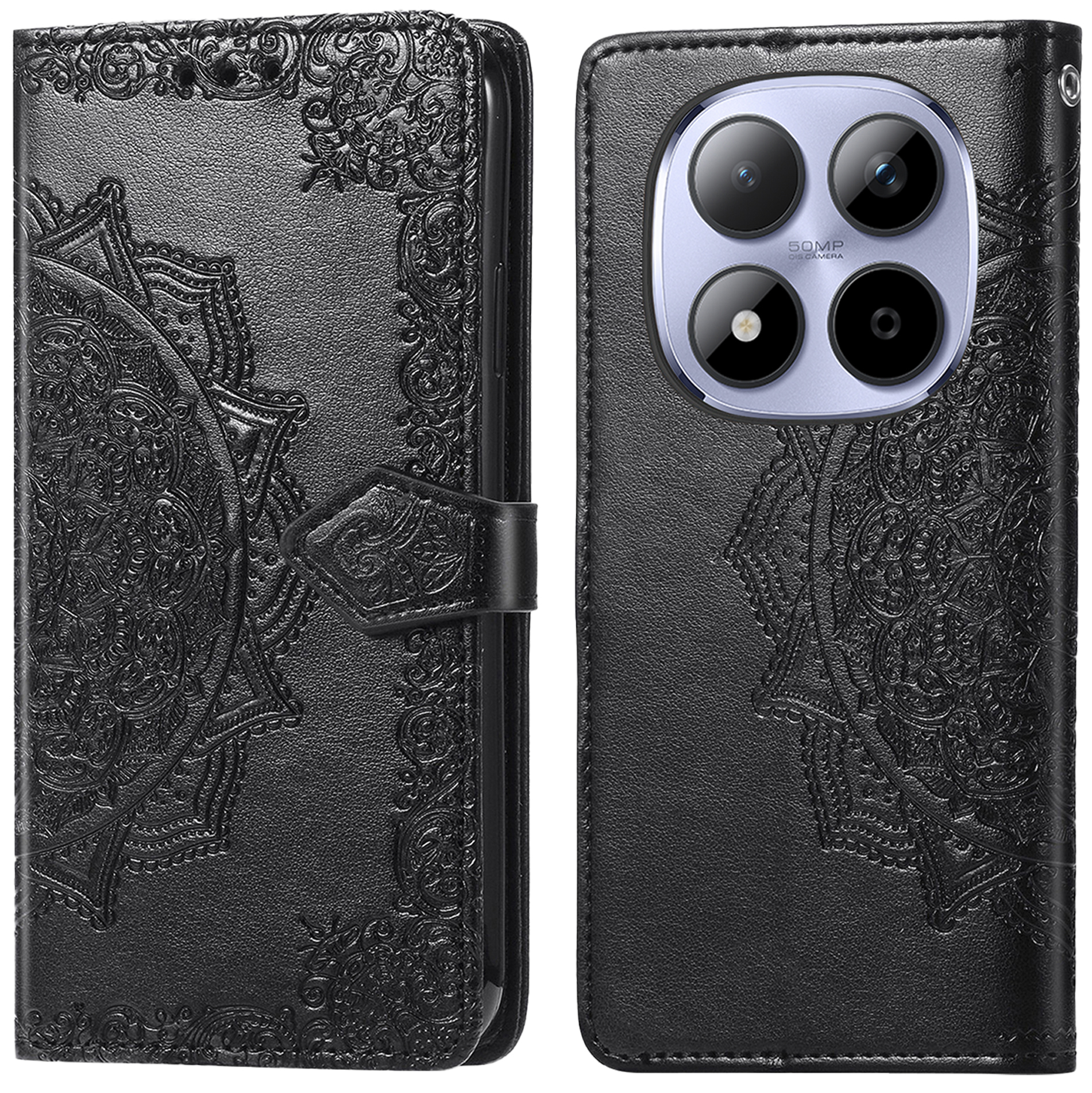 Zwarte telefoonhoes met reliëf mandala patroon en camerasysteem.