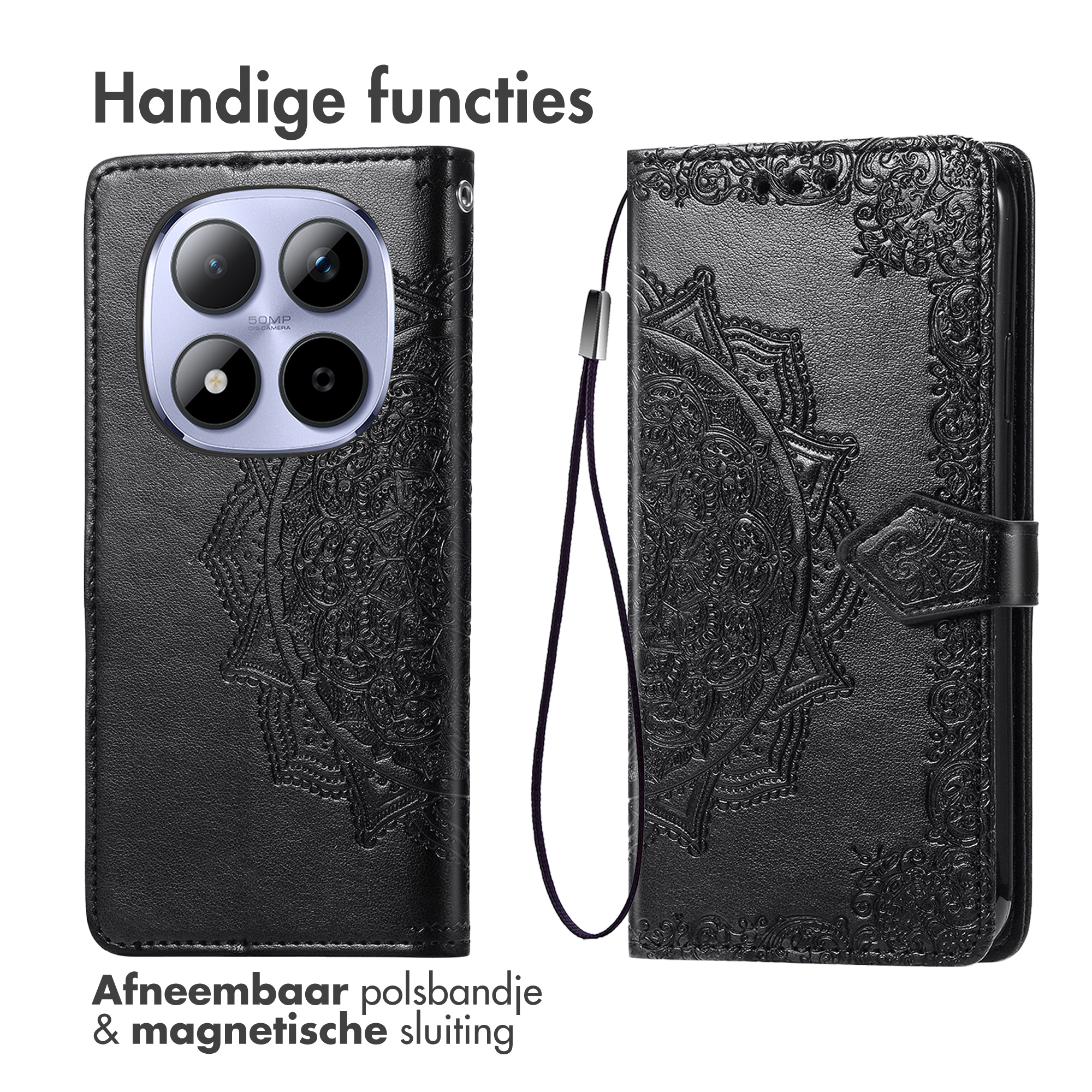 Zwart flipcase met reliëf mandala, polsbandje en magneetsluiting.