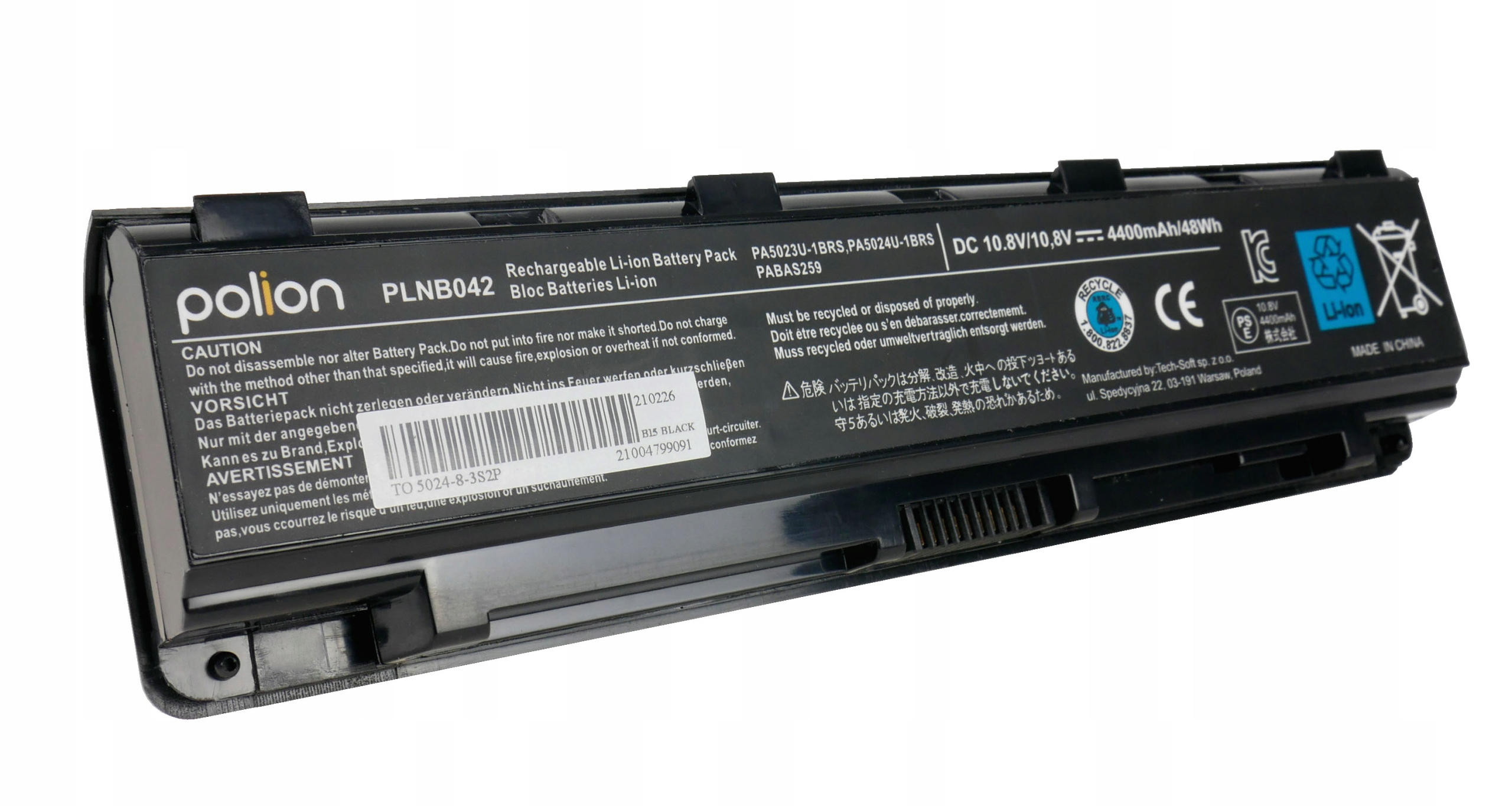 Czarny akumulator Li-ion, 10.8V, 4400mAh. Tekst zawiera ostrzeżenia i dane producenta.