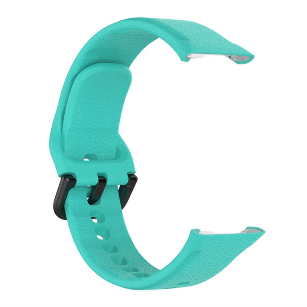 Un bracelet de montre turquoise avec boucle noire et trous.