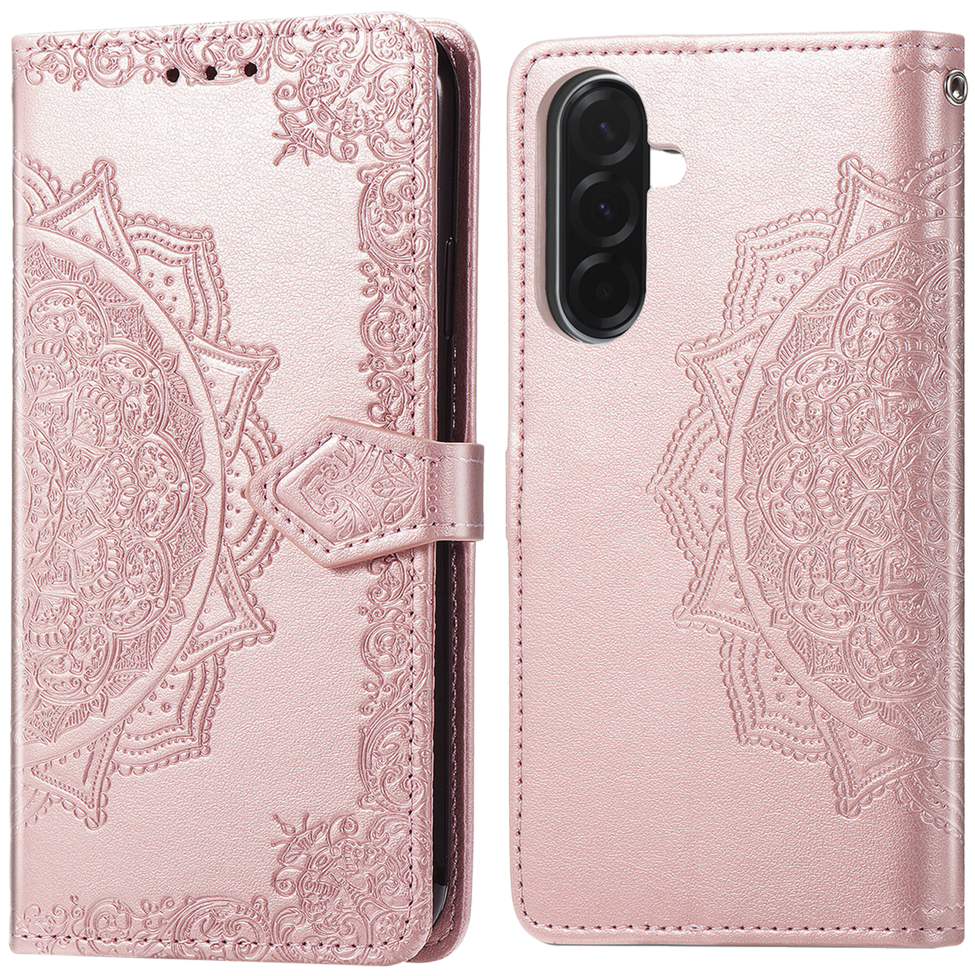 Een roze telefoonhoes met mandala-patroon en camerauitsparing.
