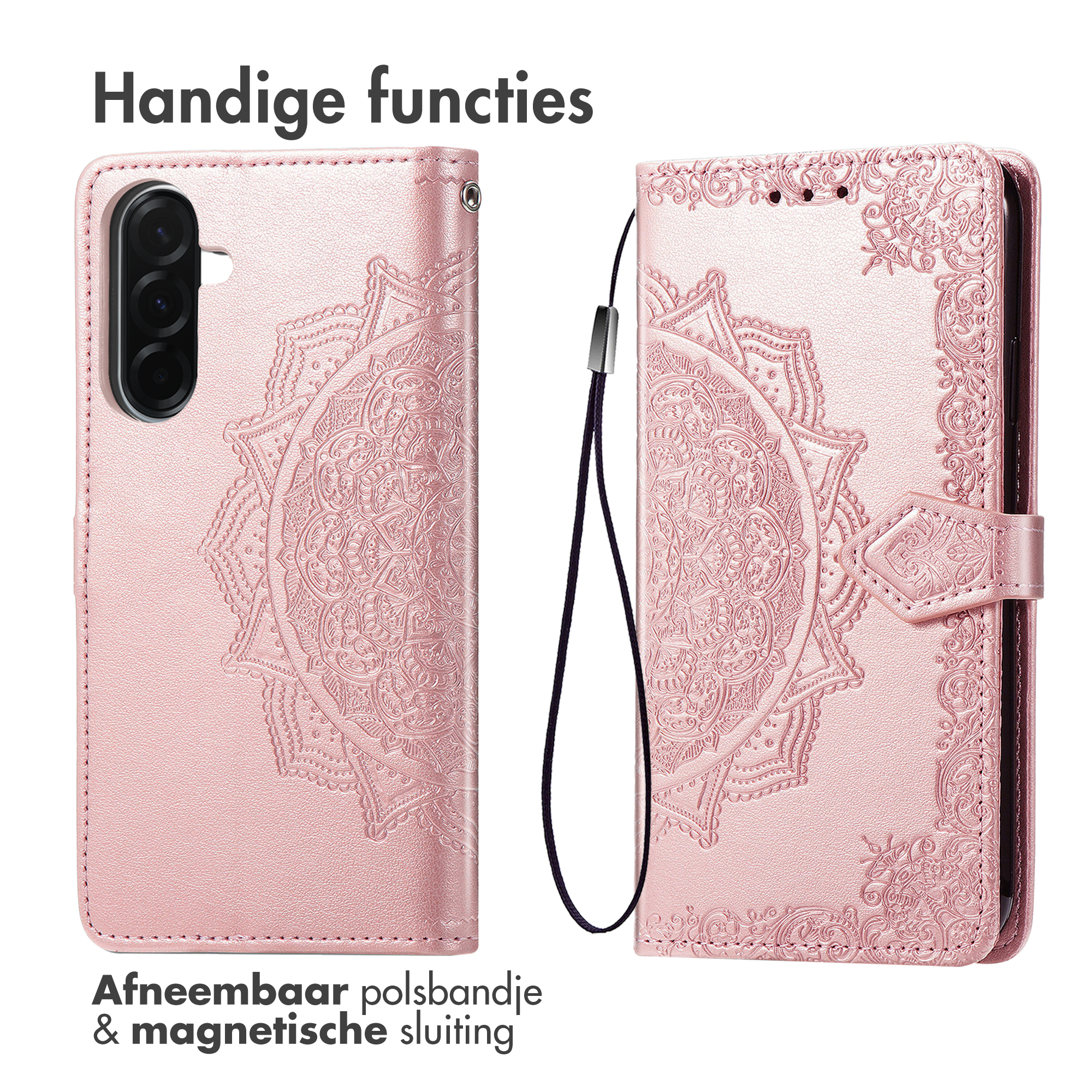 Roze telefoonhoes met reliëf mandala, open, met polsbandje.