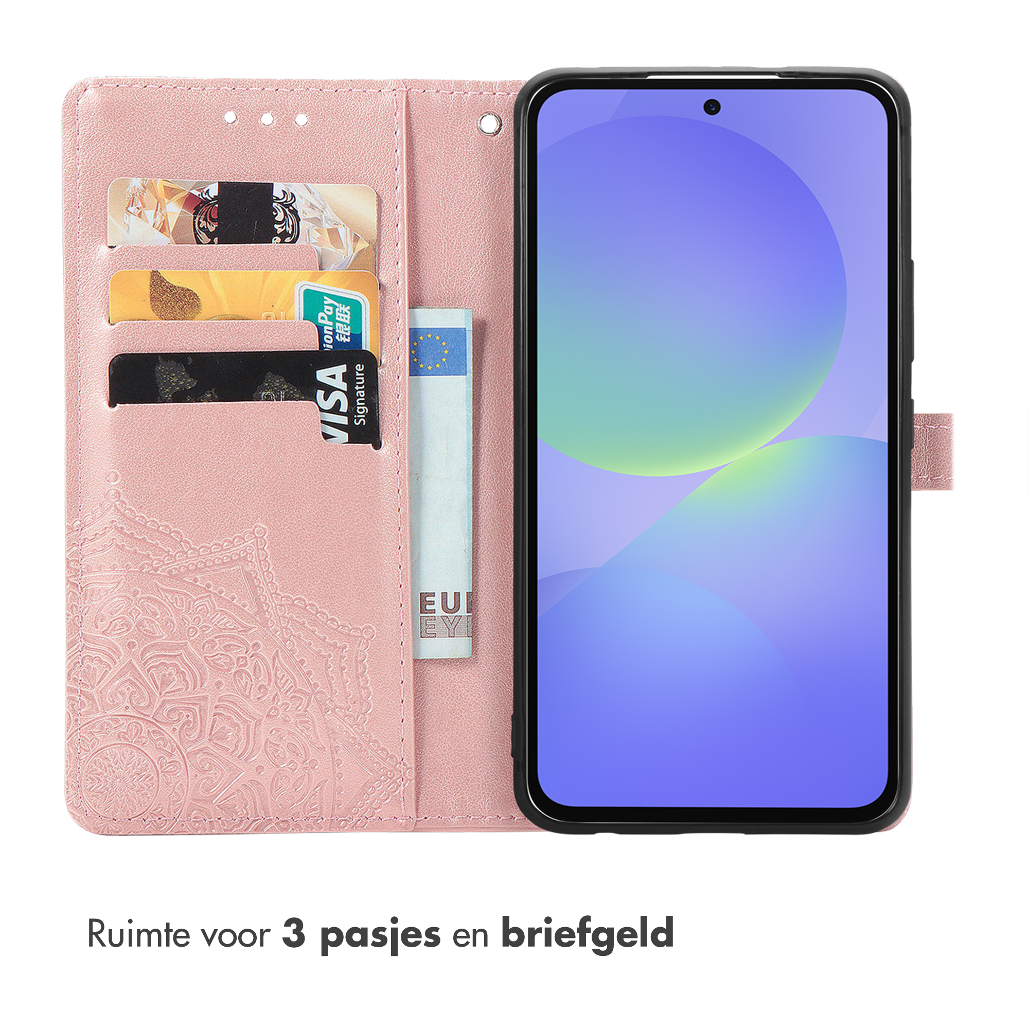 Een roze telefoonhoes met kaartsleuven en een eurobiljet. Een smartphone is geplaatst.