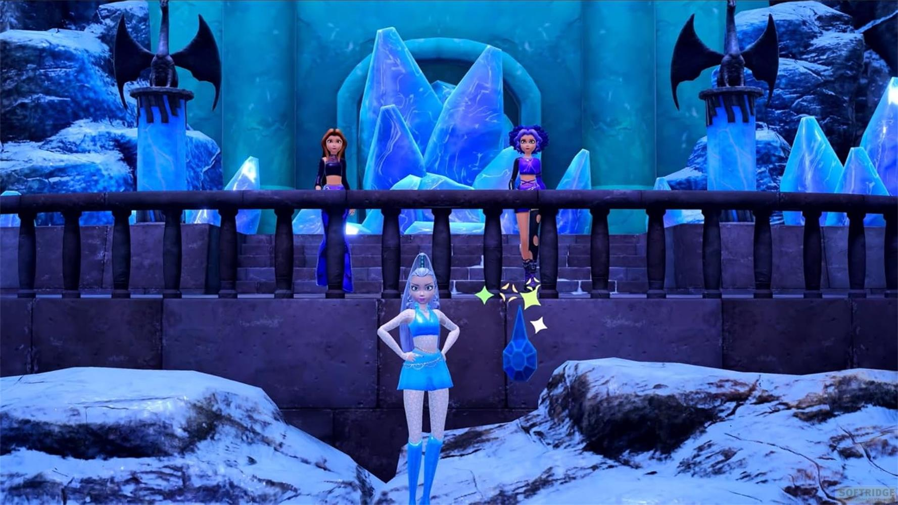 Three cartoon characters in an icy environment with crystal formations.