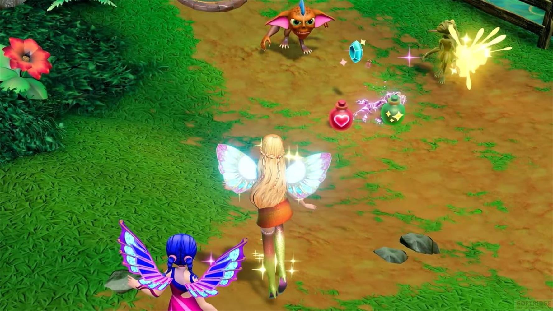 Two fairies with wings in a fantasy world with monsters and potions.