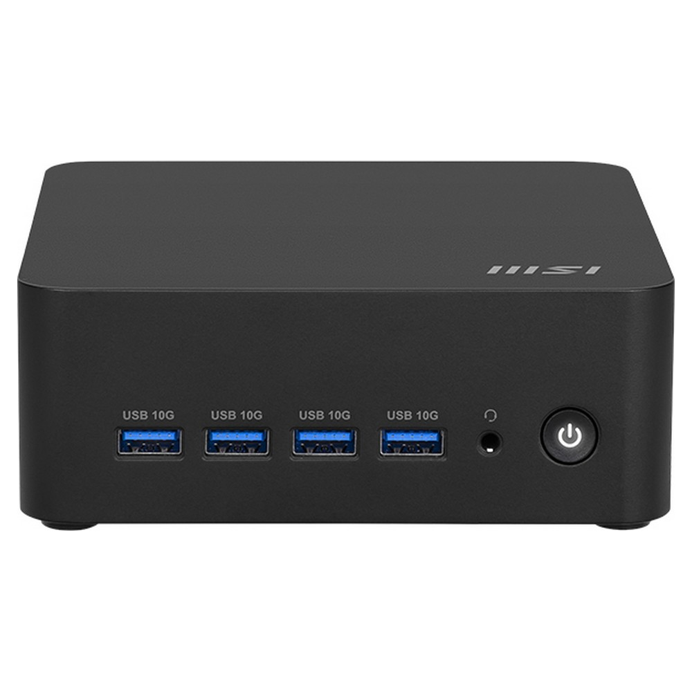 Czarny mini PC z czterema portami USB 10G, gniazdem słuchawkowym i przyciskiem zasilania.