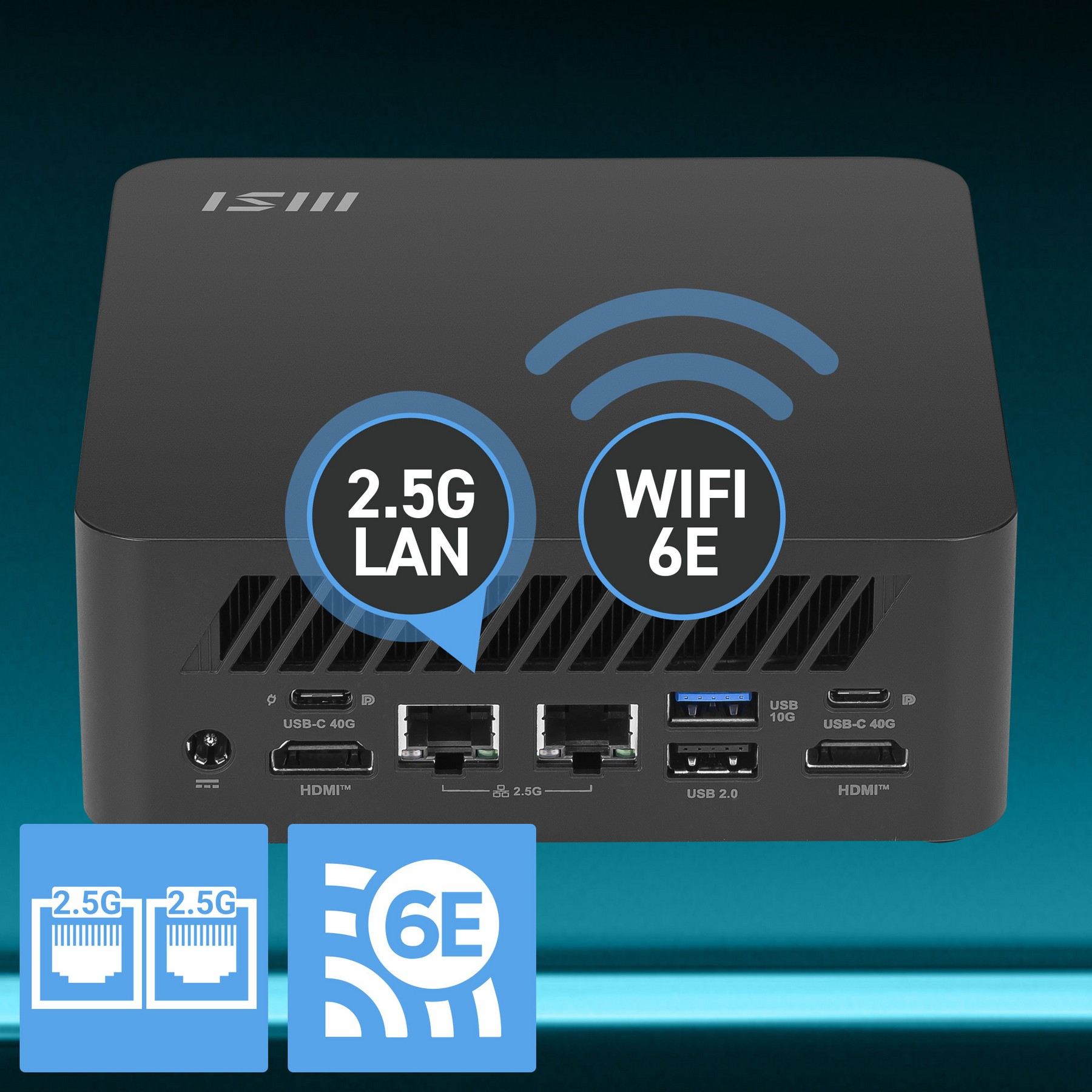 Czarny mini PC z portami: 2x USB-C, 2x HDMI, 2x LAN, 2x USB-A. Funkcje 2.5G LAN i WiFi 6E.