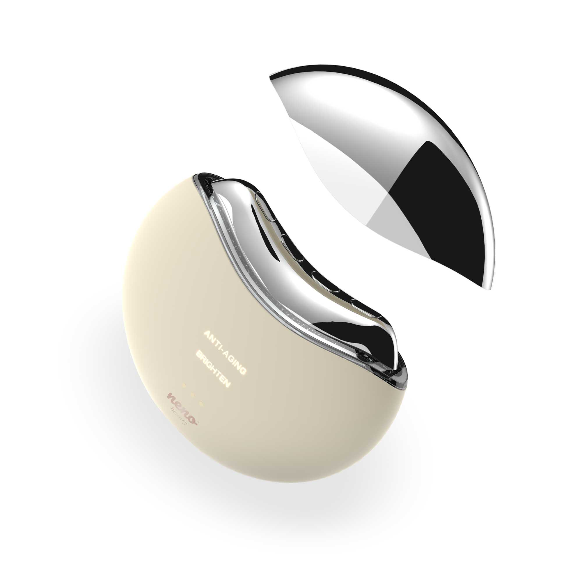 Kremowe urządzenie do pielęgnacji skóry ze srebrnymi akcentami i napisami.