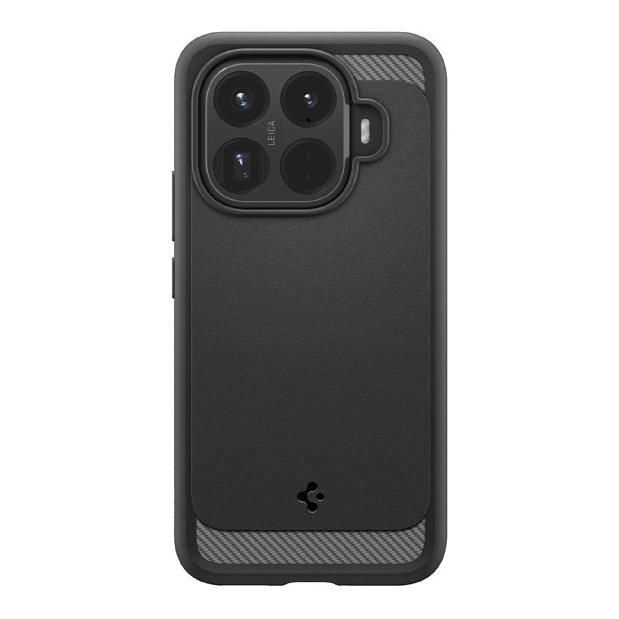 Coque de téléphone noire avec grip texturé et découpe caméra. Logo Spigen en bas.