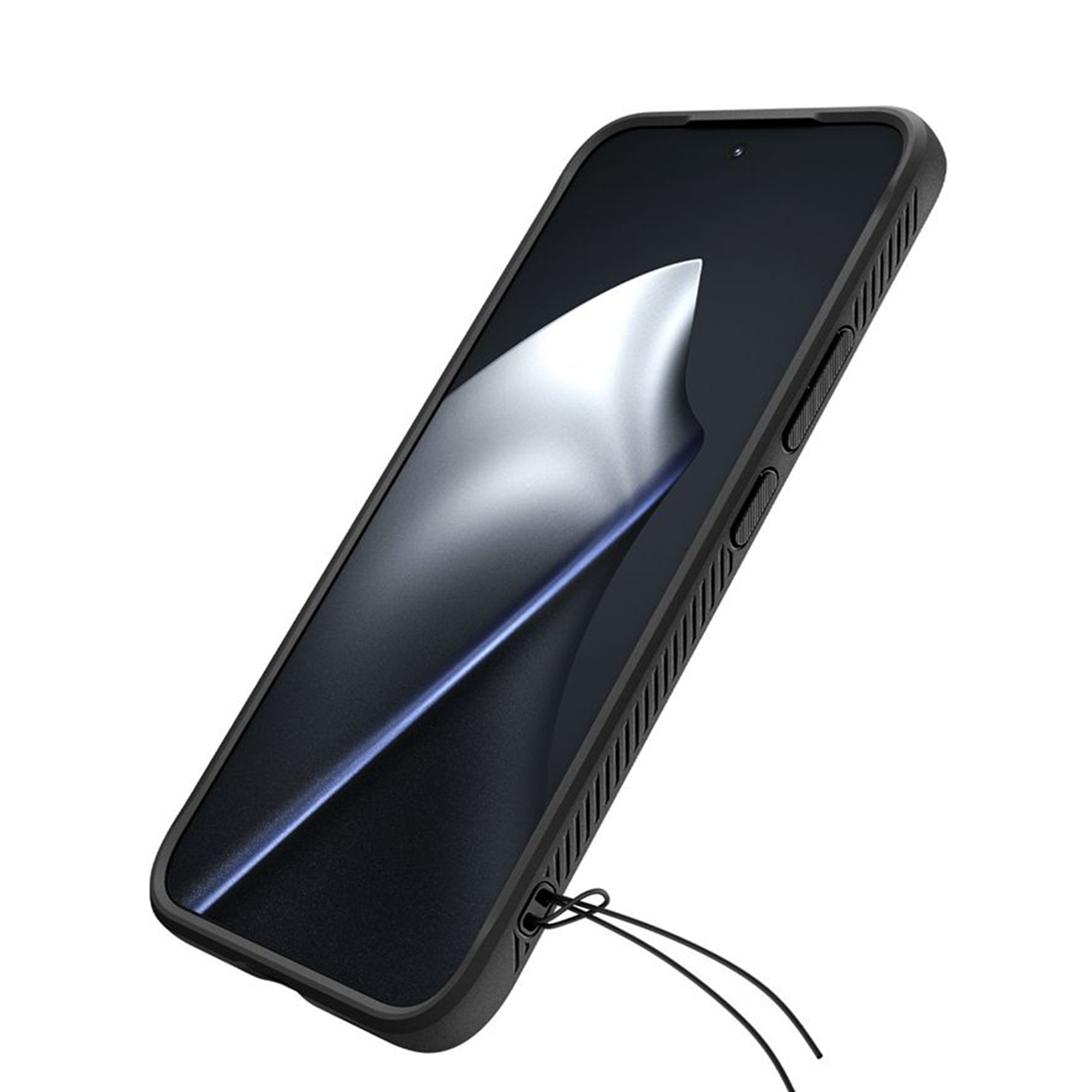 Smartphone noir dans un étui avec cordon, sur fond blanc.