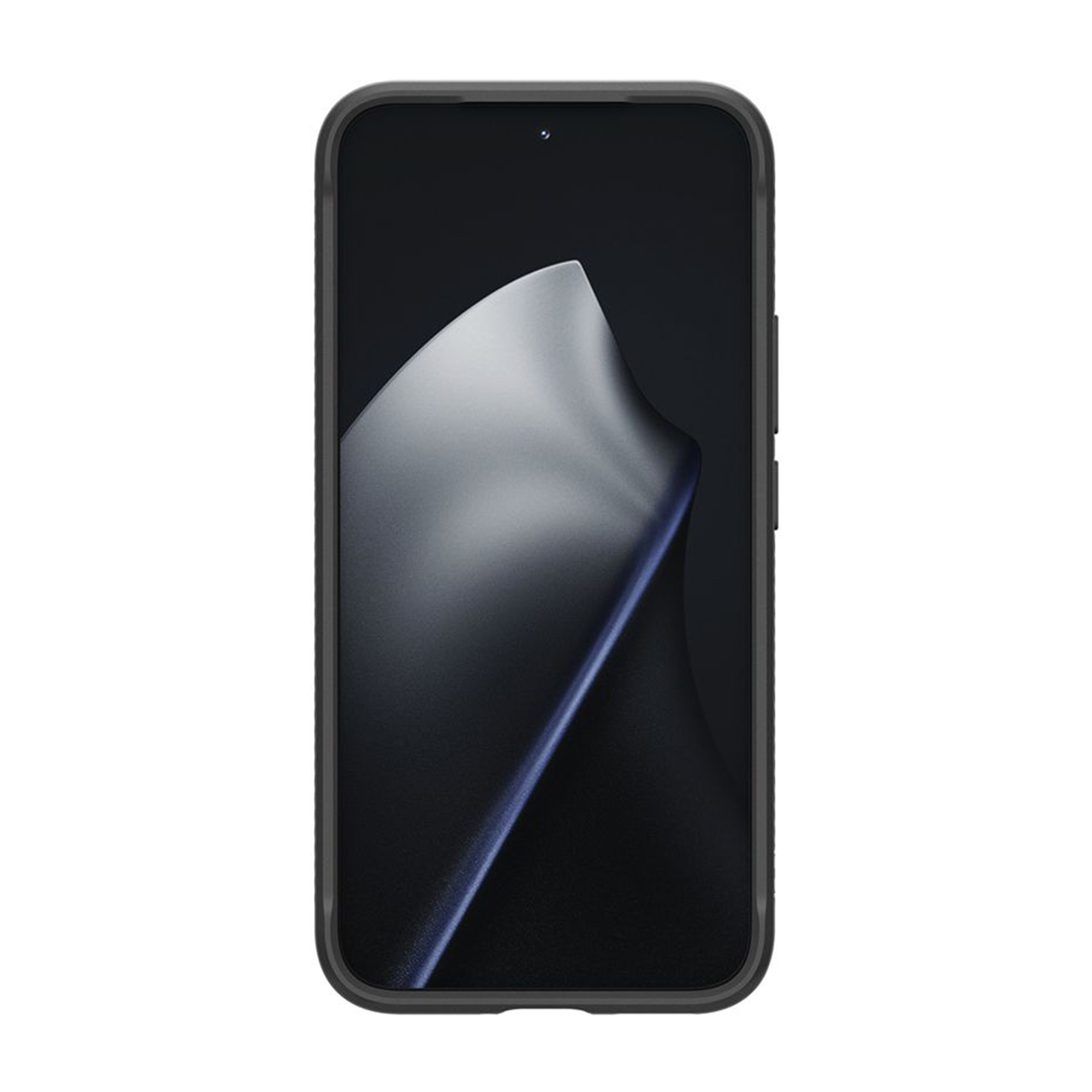 Un smartphone noir avec un fond d'écran gris abstrait sur son écran.