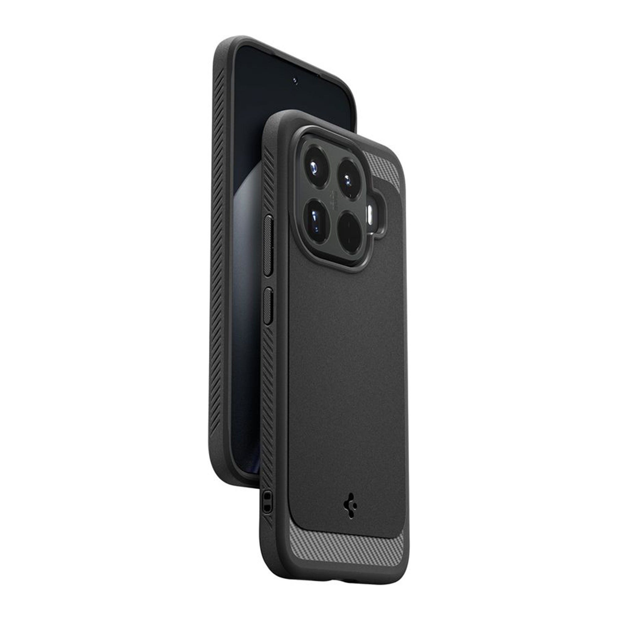 Un téléphone noir avec un étui recouvrant son dos et ses côtés.