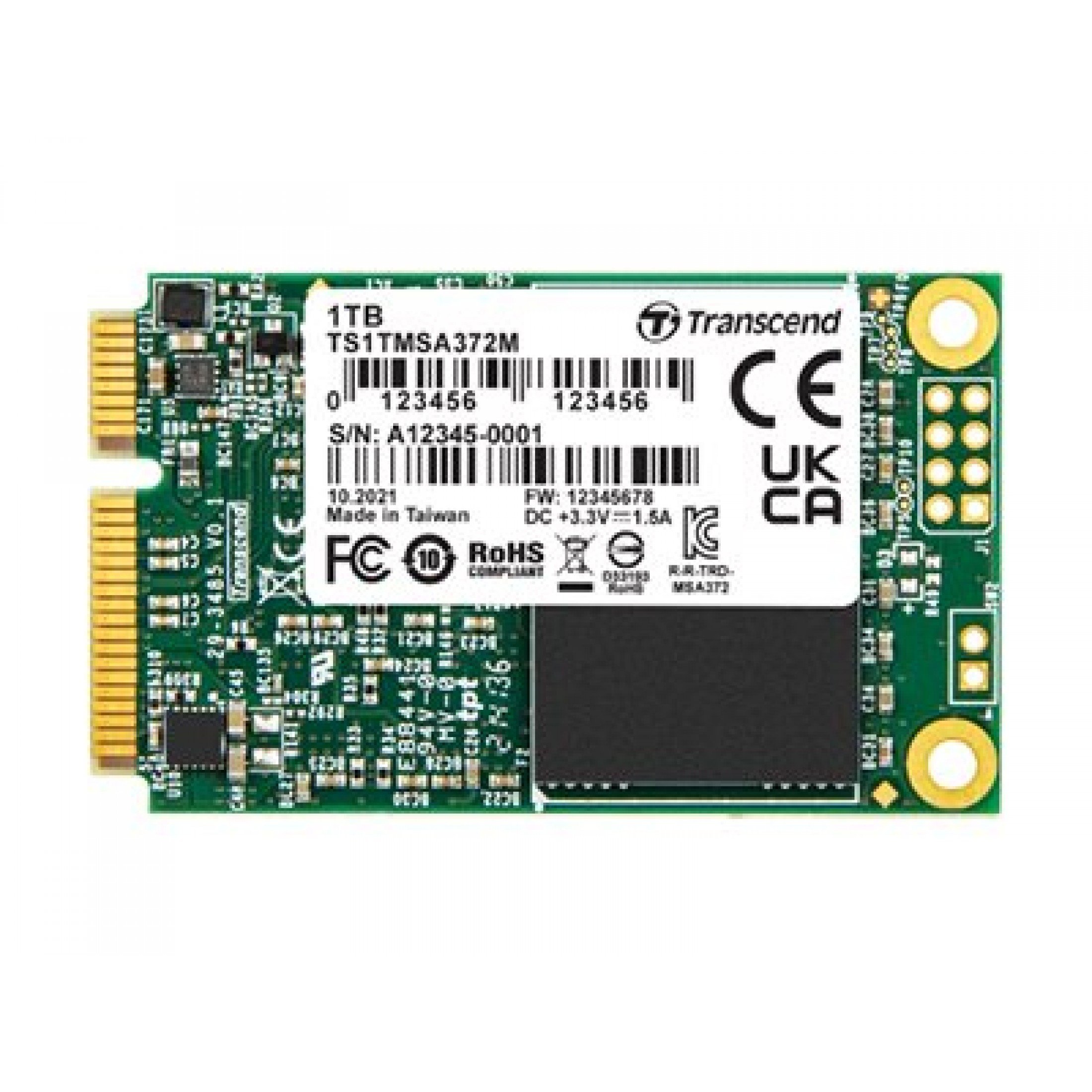 Ein 1TB Transcend M.2 SSD mit goldfarbenen Anschlüssen und grüner Platine.