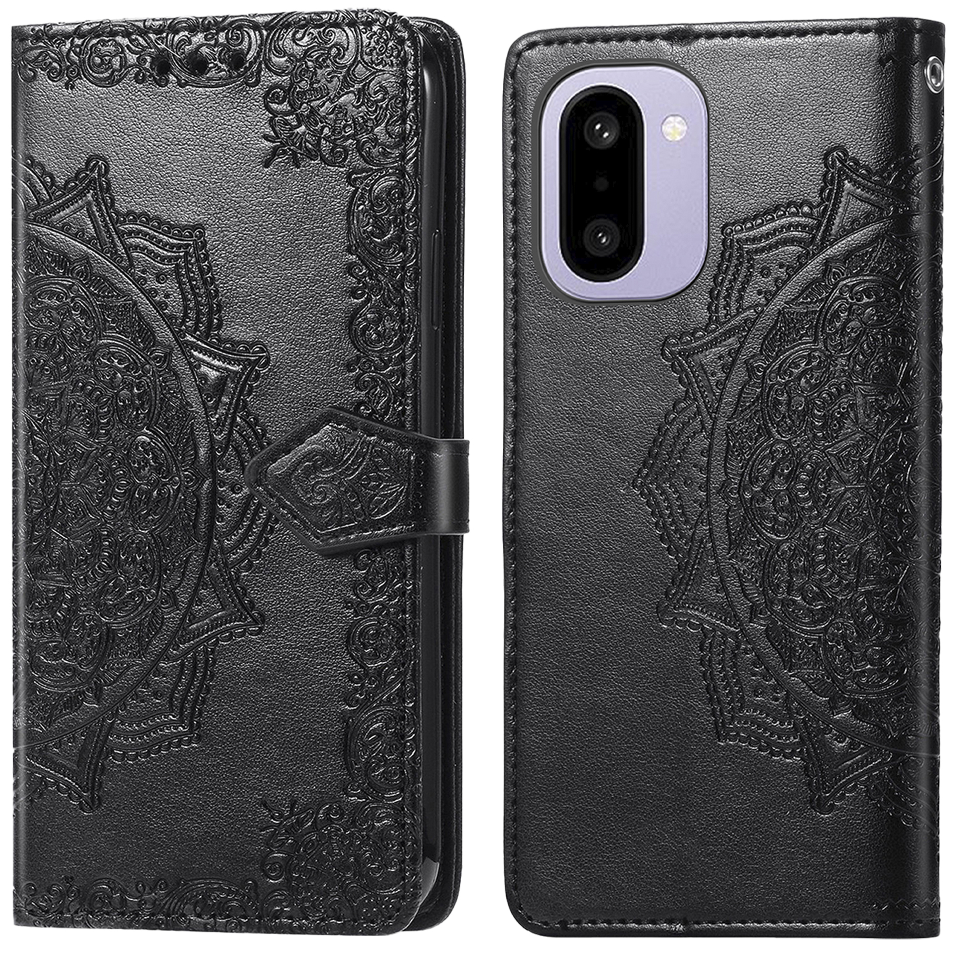 Zwarte telefoonhoes met mandala patroon en camera-uitsparing.