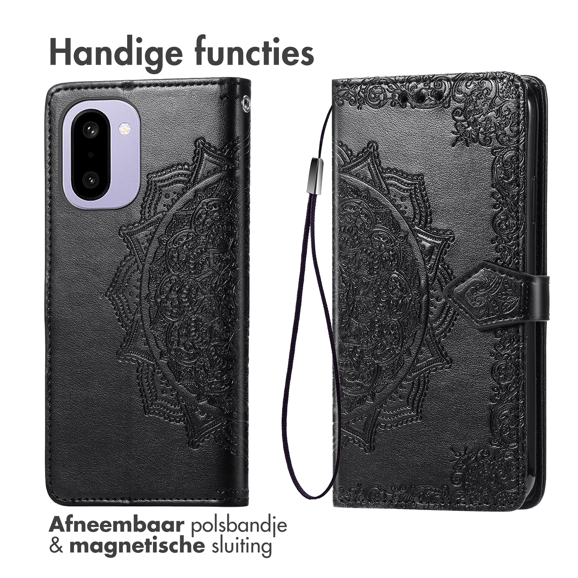 Zwarte telefoonhoes met reliëf mandala patroon en afneembare polsband.