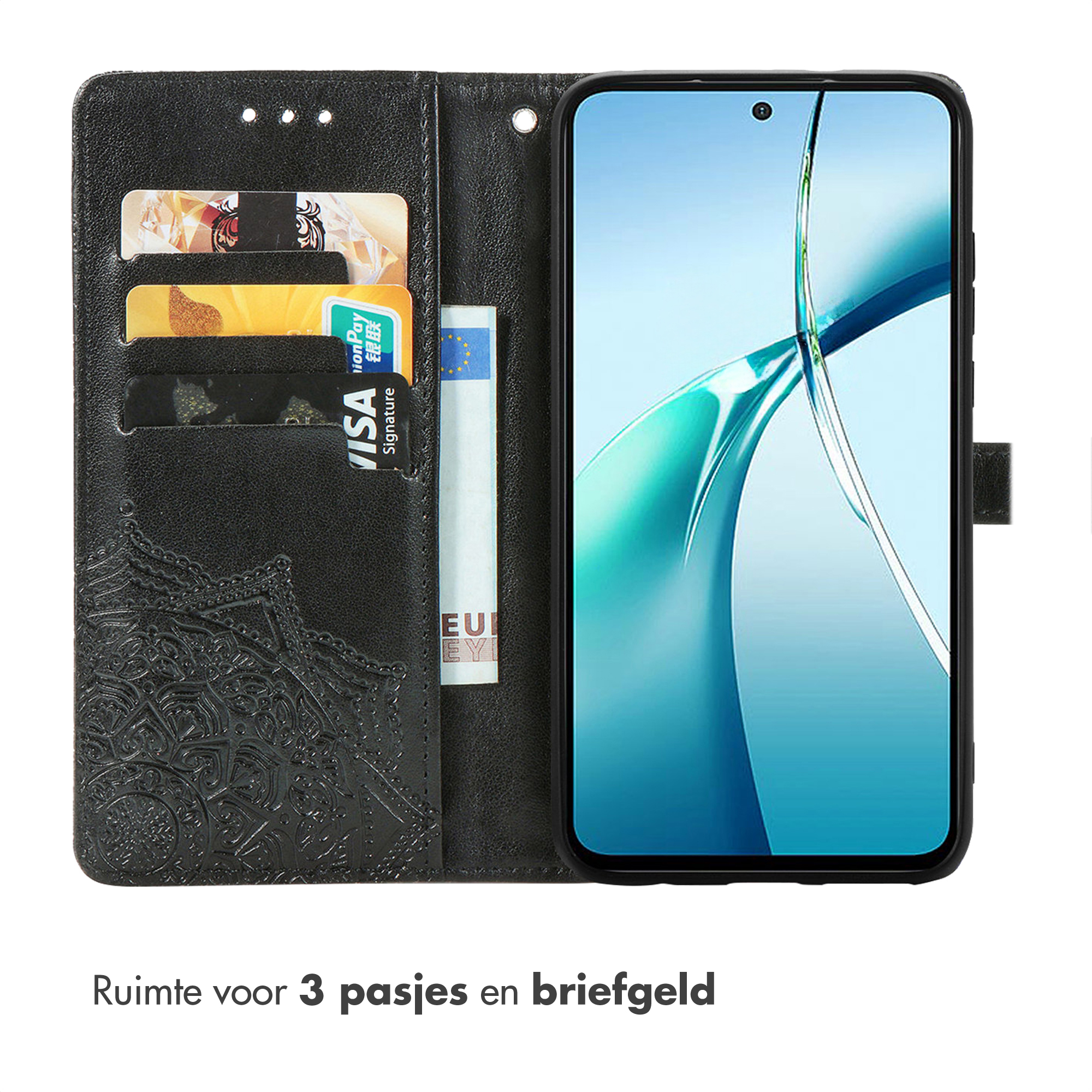 Zwarte portemonnee met telefoonvak, kaarthouders en reliëfpatroon.