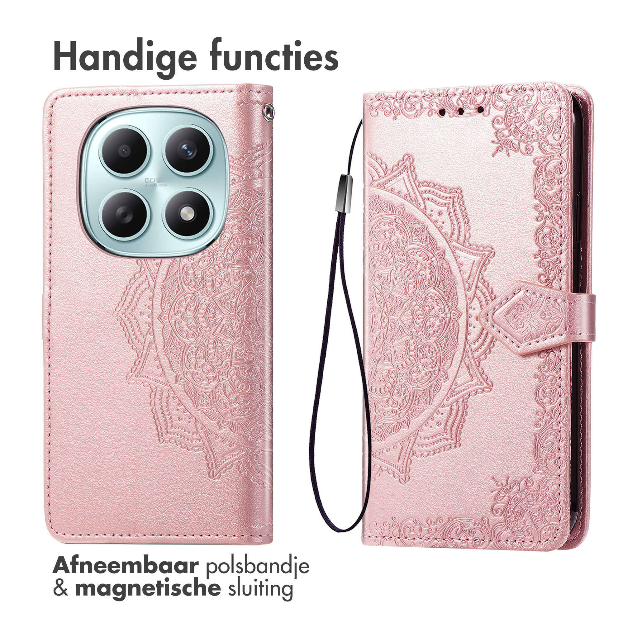 Een roze telefoonhoes met mandala patroon en afneembaar bandje.