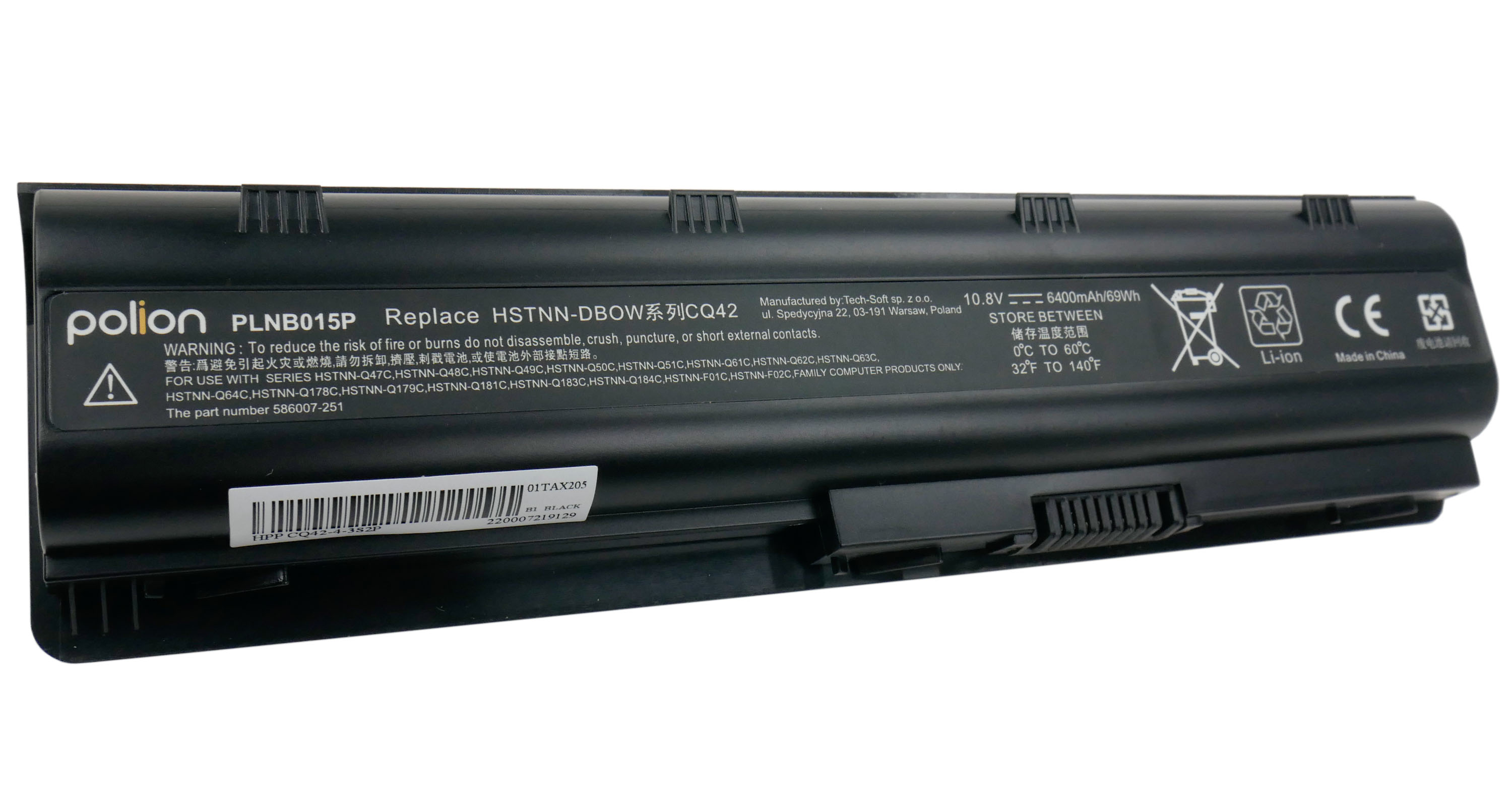 Czarna bateria do laptopa z napisami: Polion, PLNB015P, Ostrzeżenie, Specyfikacje, Made in China.