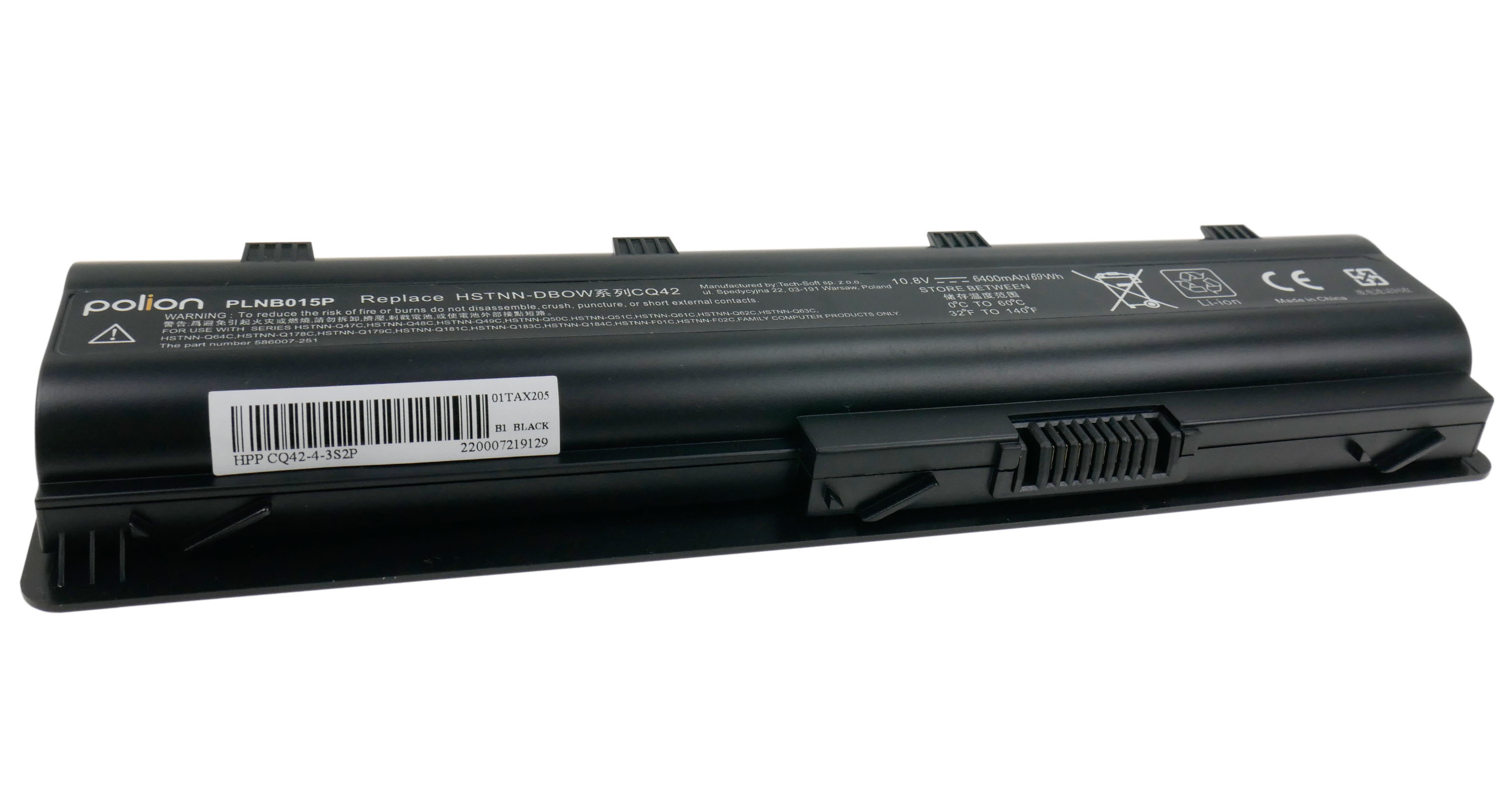 Czarna bateria do laptopa z numerem modelu PLNB015P i etykietami ostrzegawczymi.