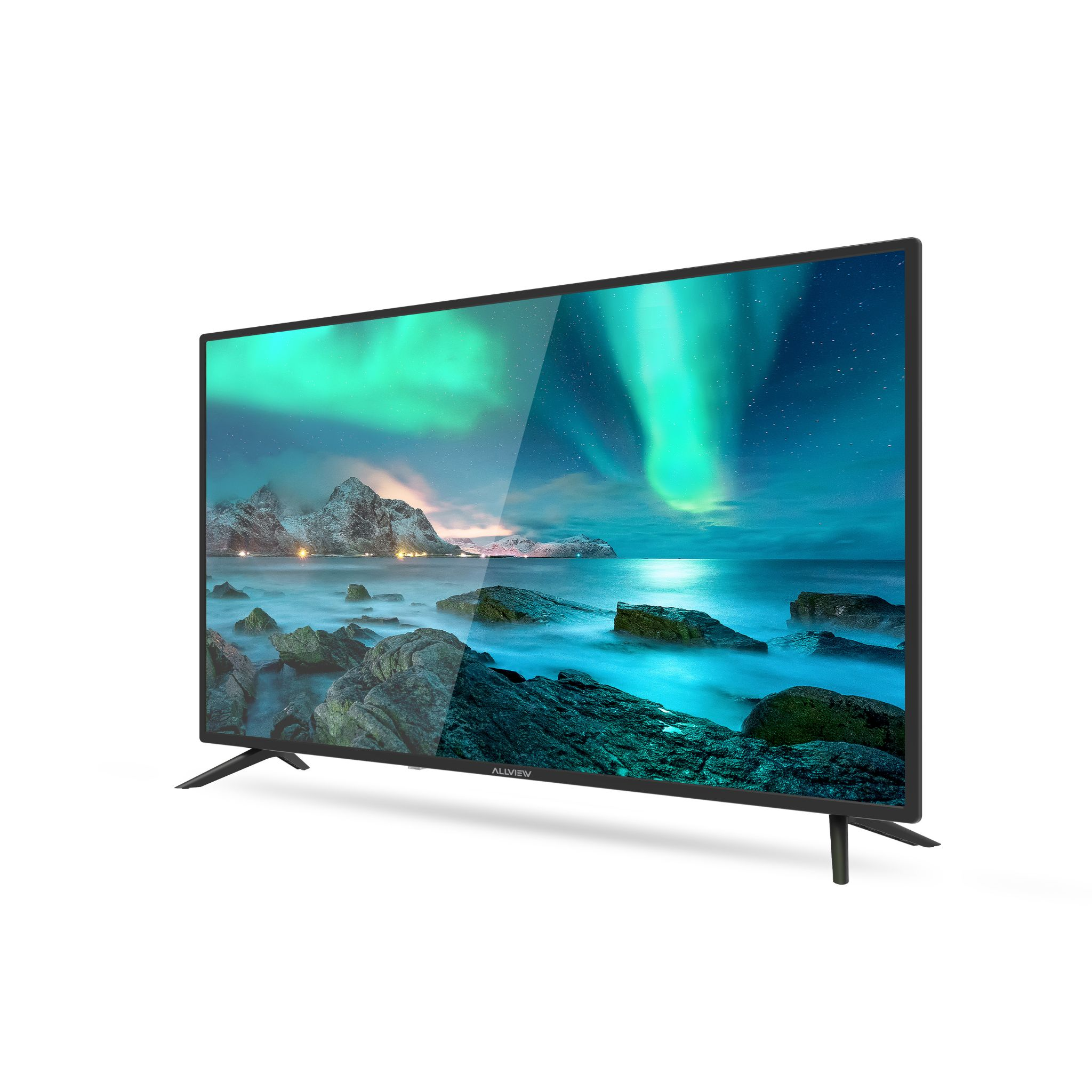 Une télévision affiche des aurores boréales sur une côte rocheuse et des montagnes.