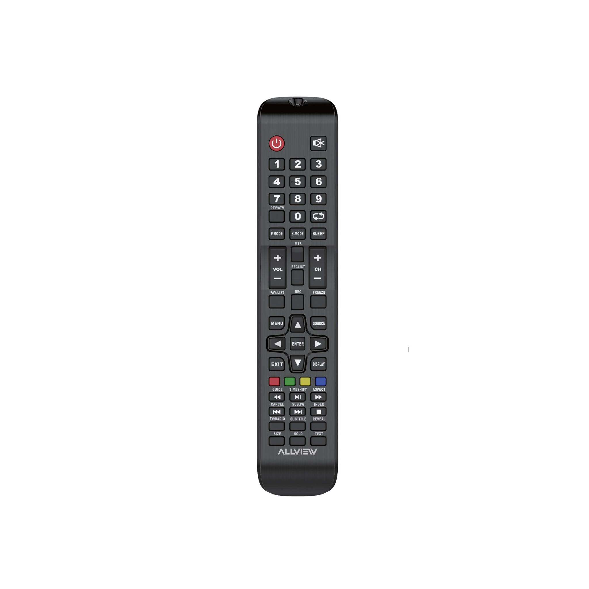 Une télécommande noire avec des boutons numérotés et des étiquettes de fonction.