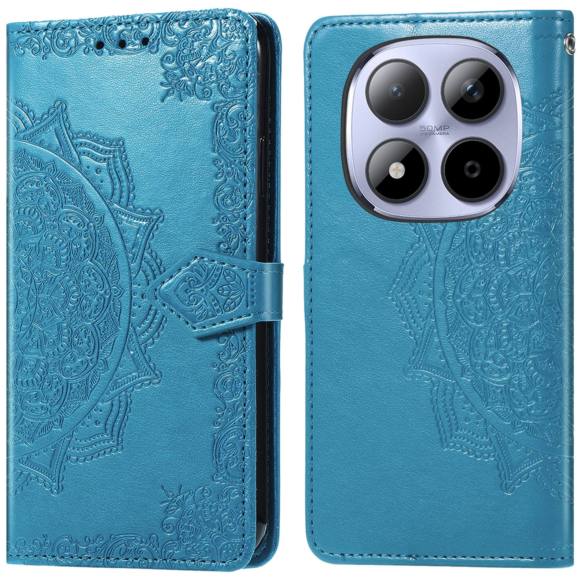 Étui de téléphone en cuir turquoise avec motif mandala en relief et quadruple appareil photo.