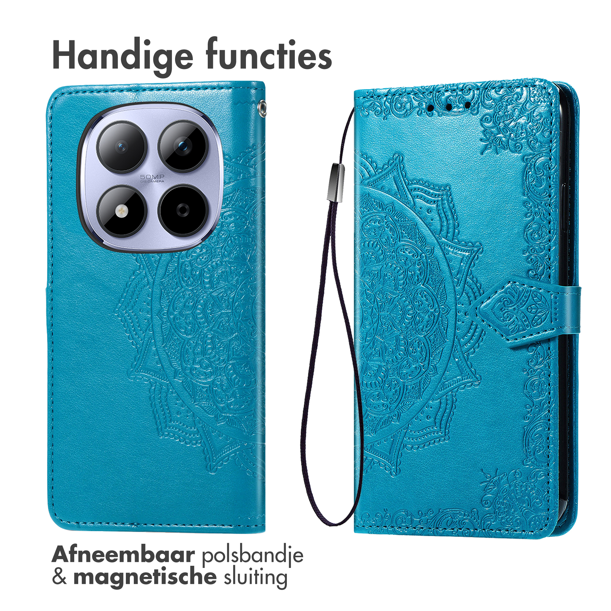 Étui de téléphone turquoise avec gaufrage mandala, dragonne amovible et fermeture magnétique.