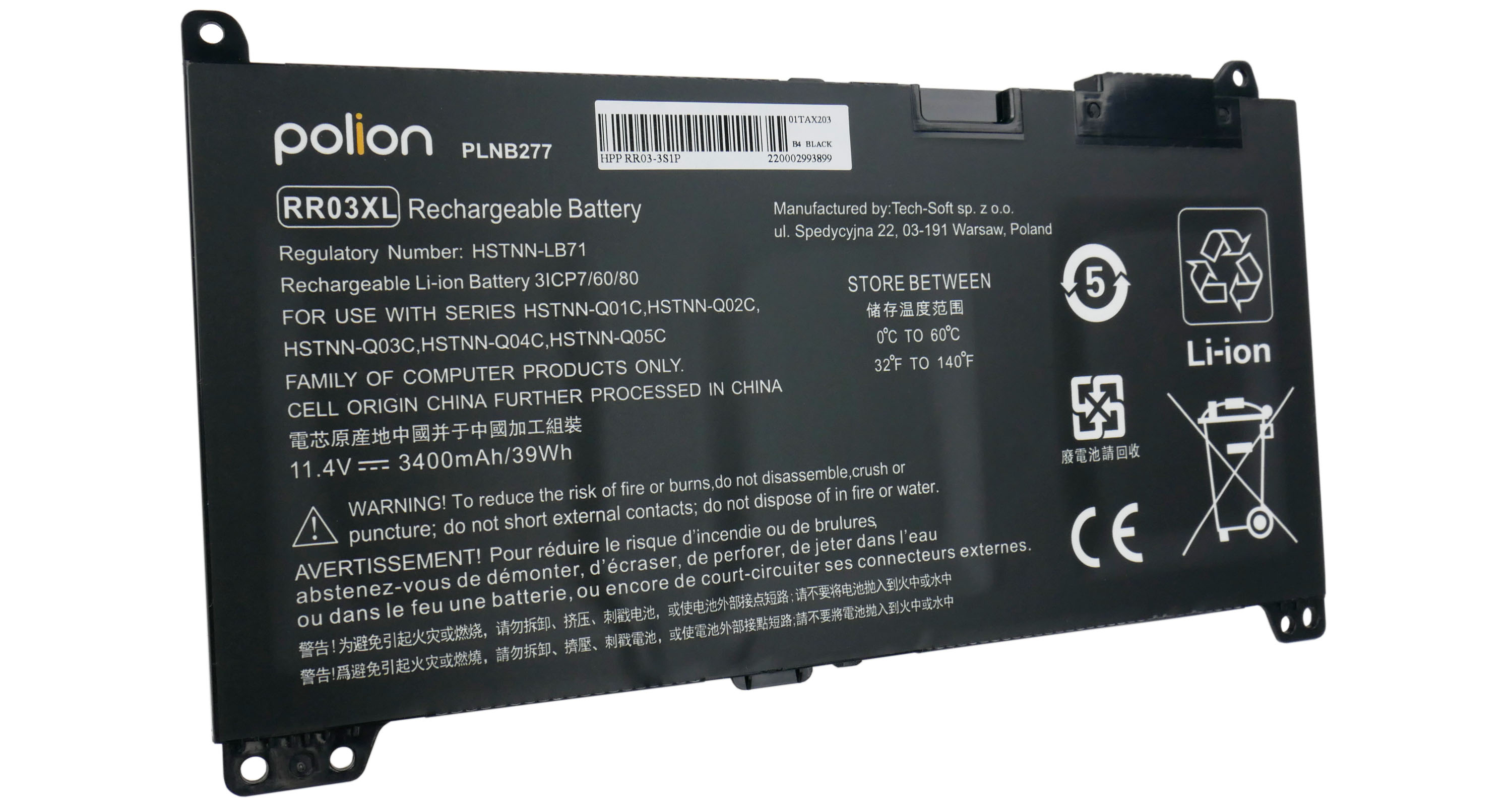 Czarna bateria do laptopa z logo Polion, model PLNB277, RR03XL.