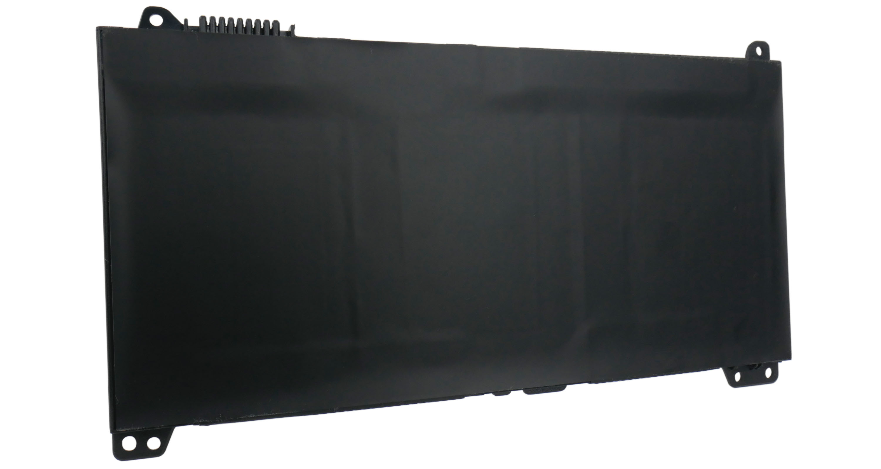 Czarna bateria do laptopa z otworami montażowymi i złączem.