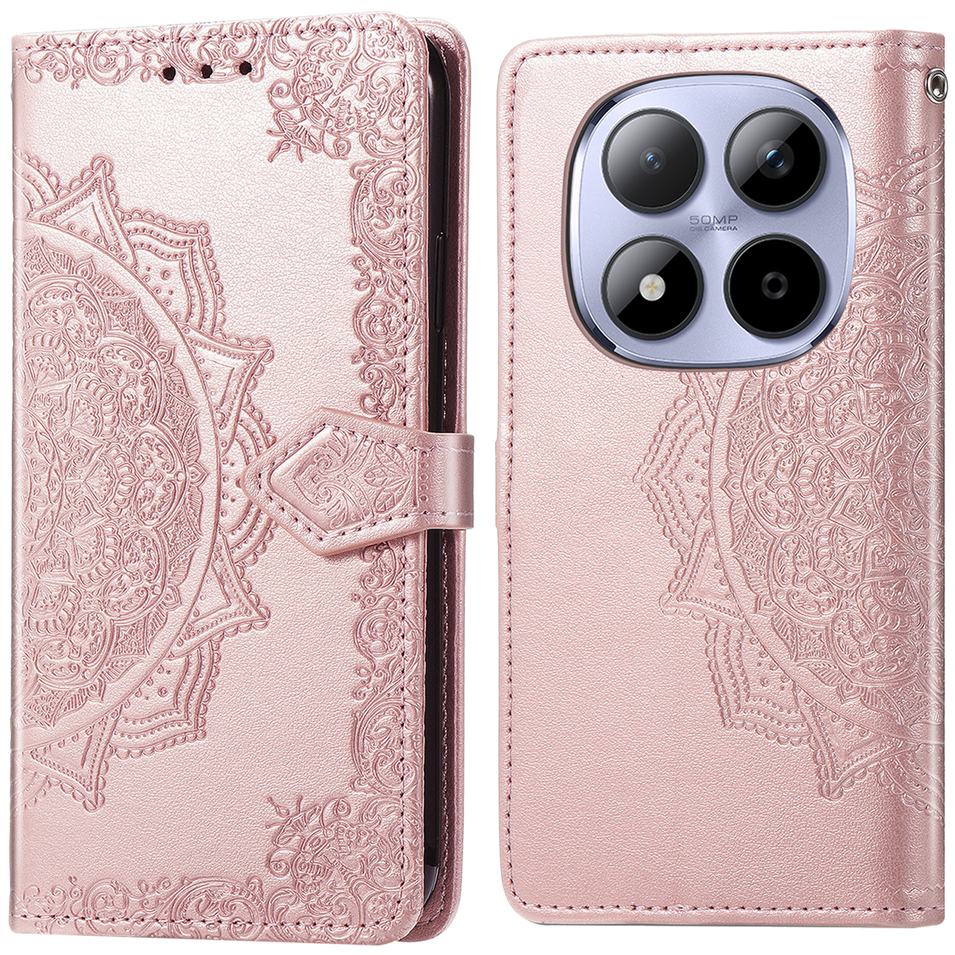 Un étui de téléphone rose avec un motif de mandala en relief et un ensemble de 4 caméras.