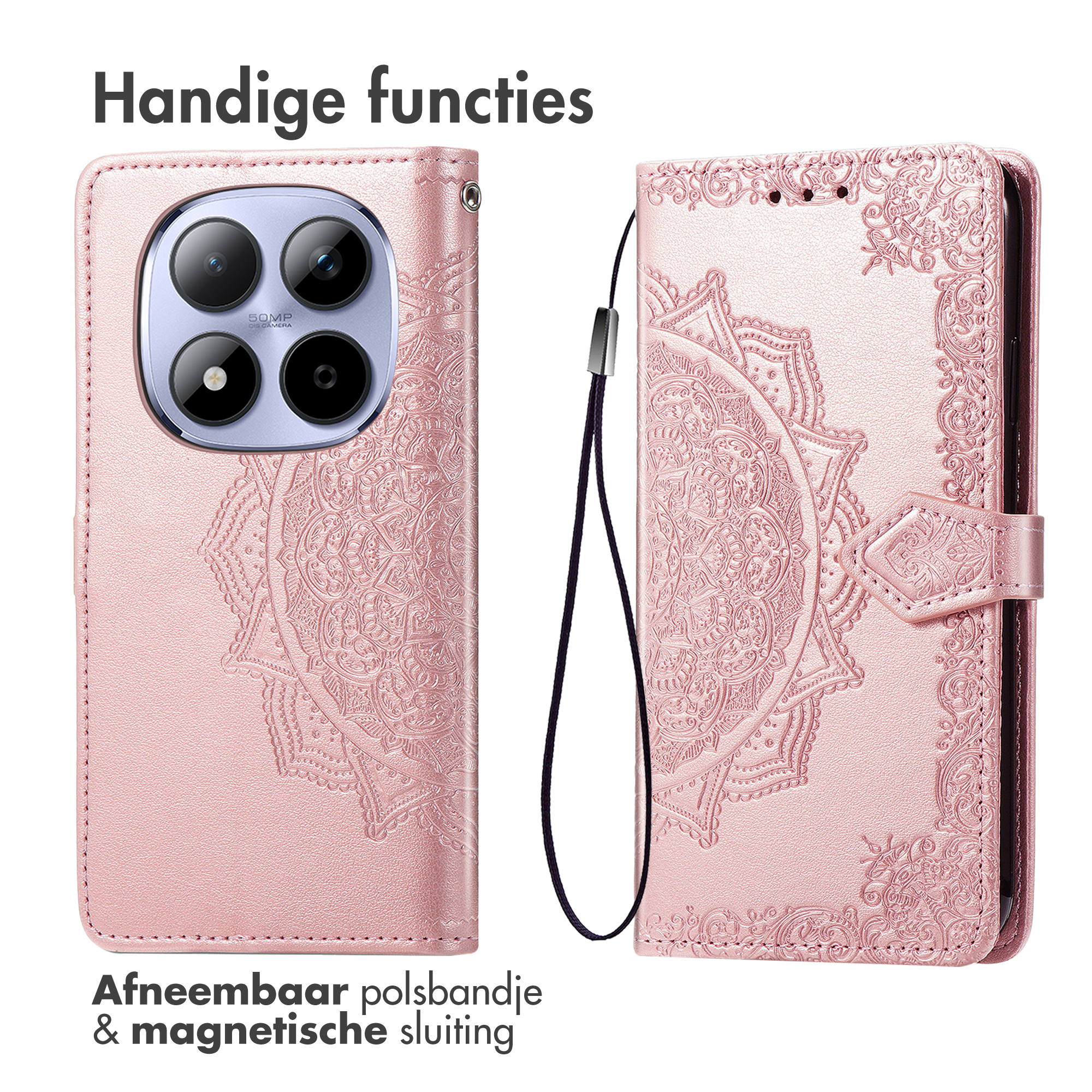 Coque de téléphone rose avec mandala en relief, appareil photo et dragonne.