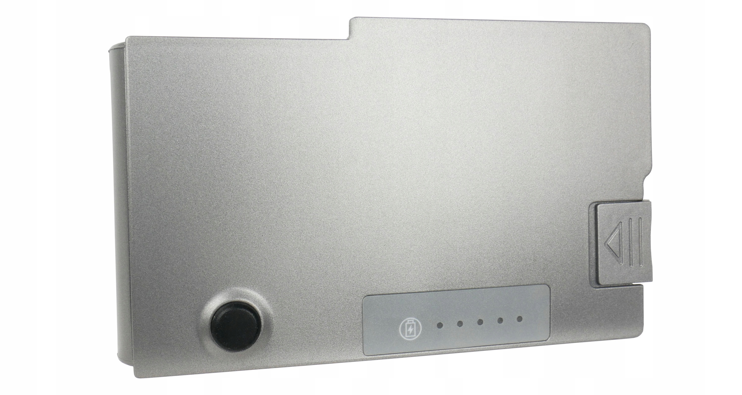 Srebrna bateria do laptopa ze wskaźnikami naładowania i zatrzaskiem.