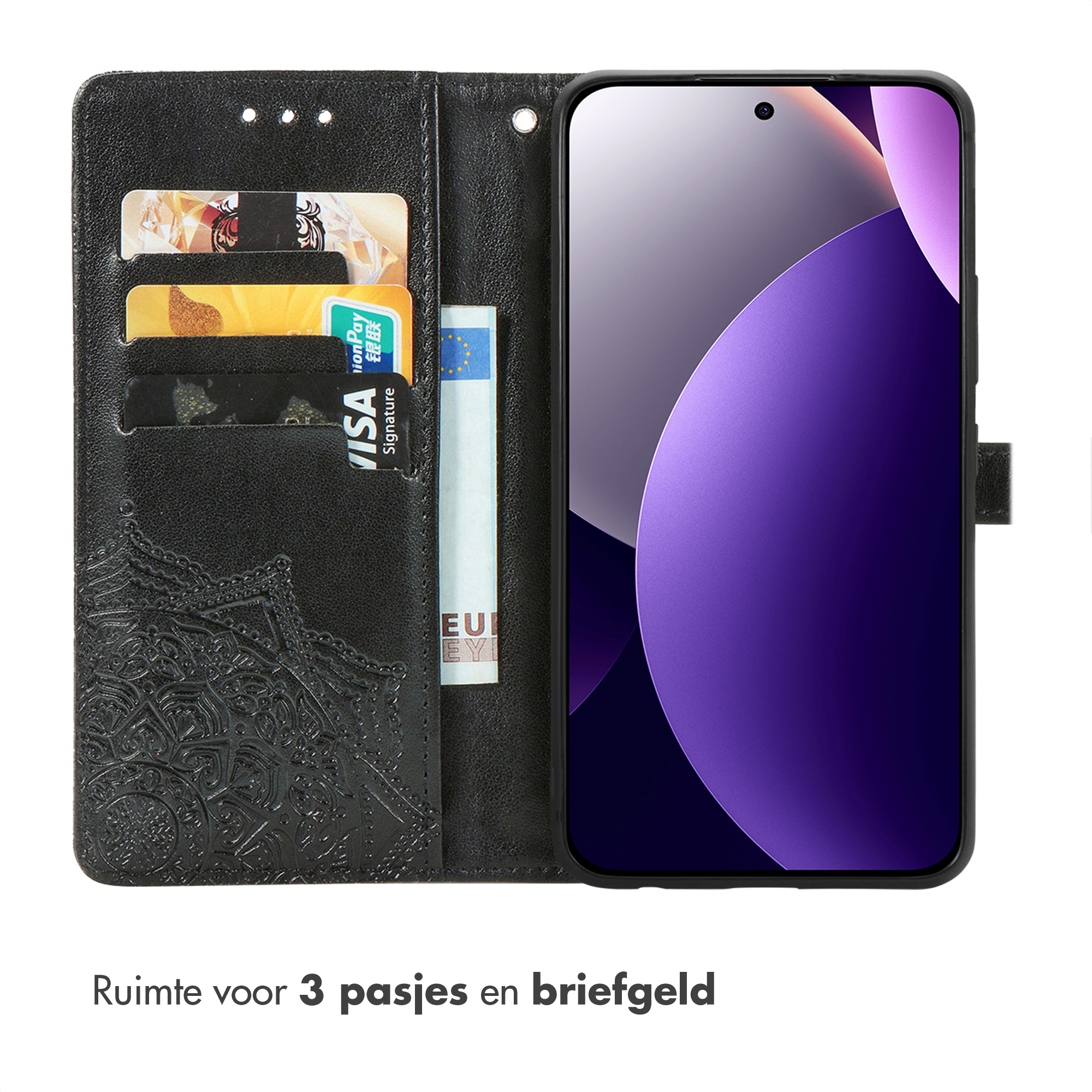 Coque de téléphone noire avec fentes pour cartes et arrière-plan d'écran violet.