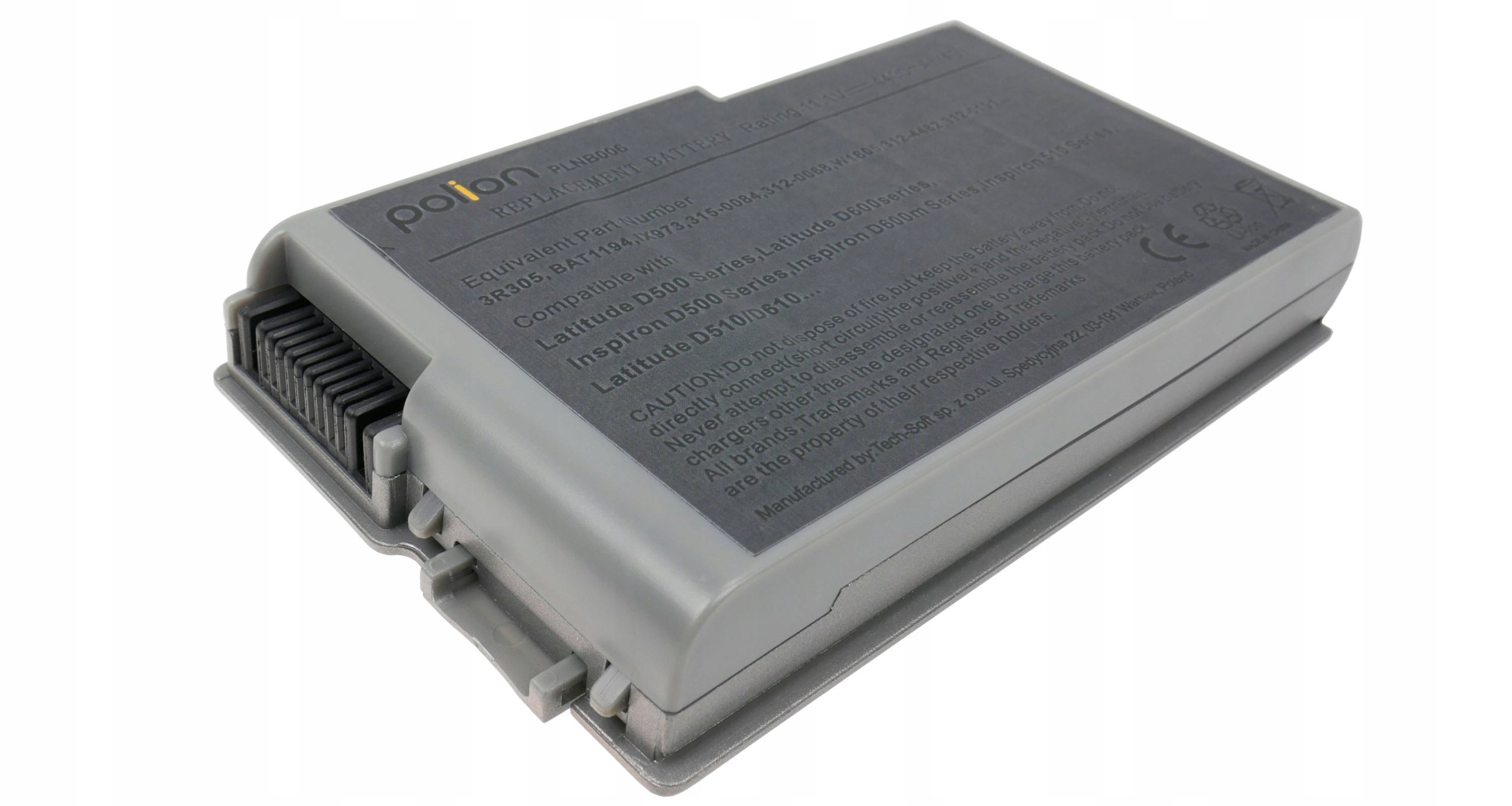 Szara bateria do laptopa z czarnymi złączami i etykietą tekstową.