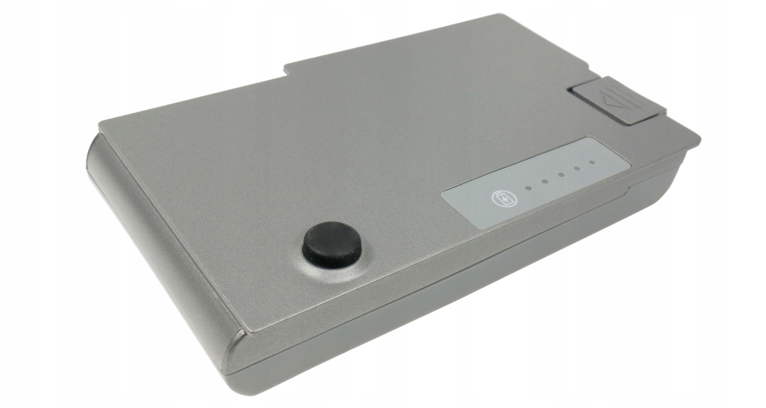 Szary akumulator do laptopa ze wskaźnikiem naładowania i czarnym przyciskiem.