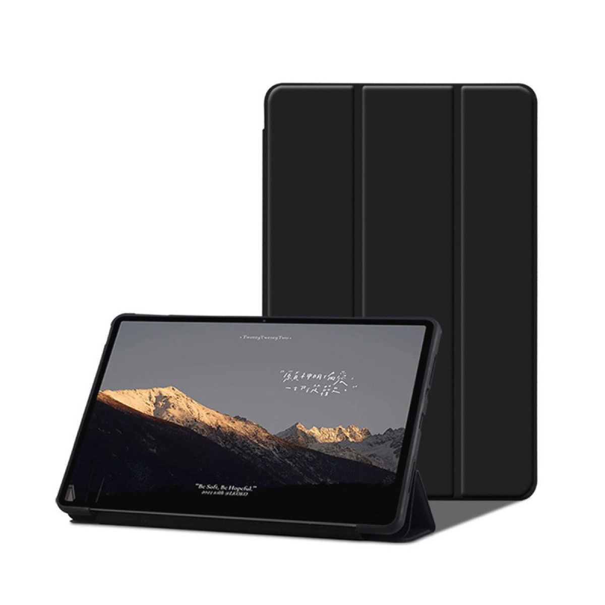 Schwarze Tablet-Hülle geöffnet, zeigt eine Berglandschaft auf dem Bildschirm.