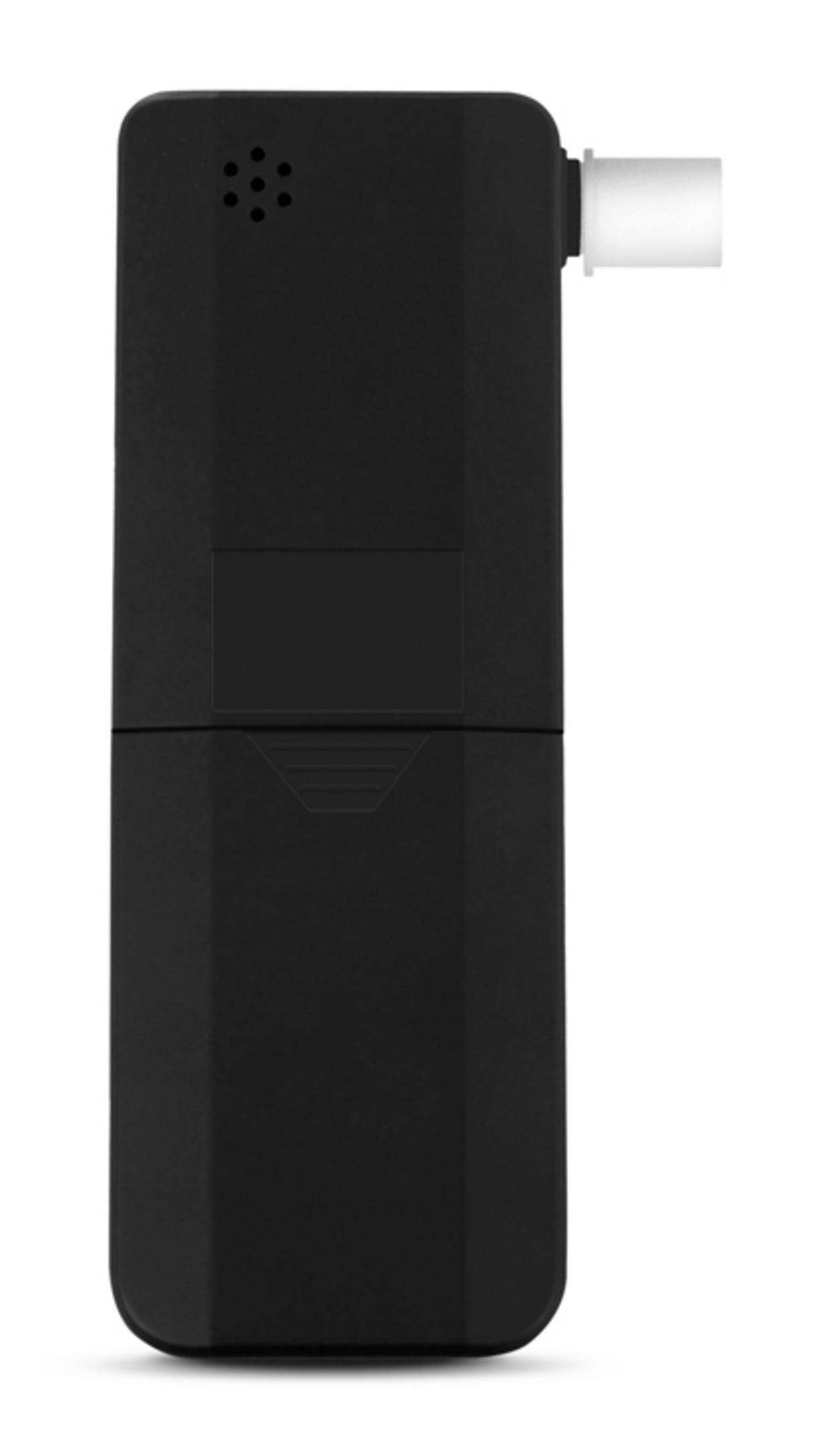 Czarny alkomat z białym ustnikiem i otworami głośnika.