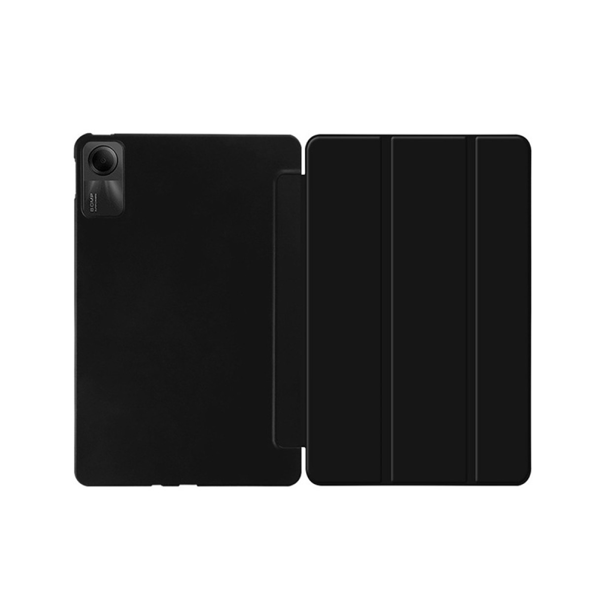 Schwarzes Tablet mit geöffneter Hülle auf weißem Hintergrund. Die Kamera ist sichtbar.