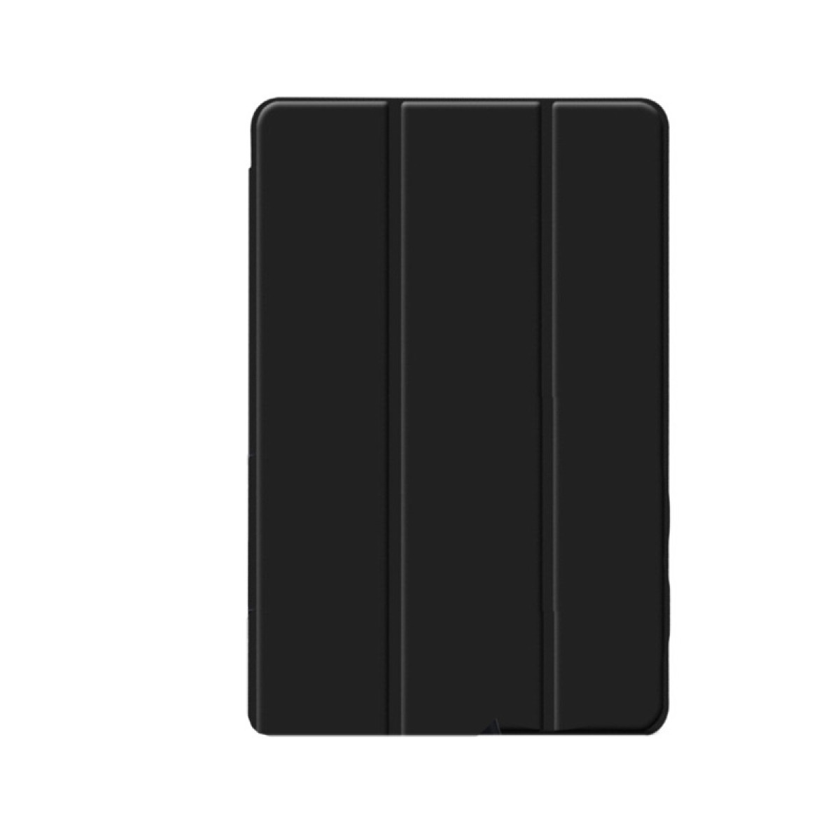 Eine schwarze Tablet-Hülle mit drei vertikalen Falten, auf weißem Hintergrund.