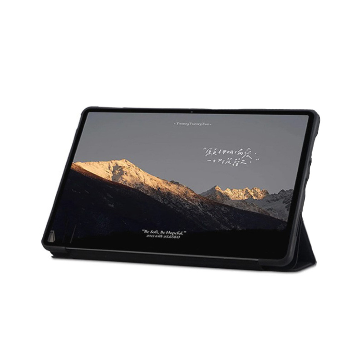 Ein Tablet mit einer Berglandschaft und Text im Querformat.