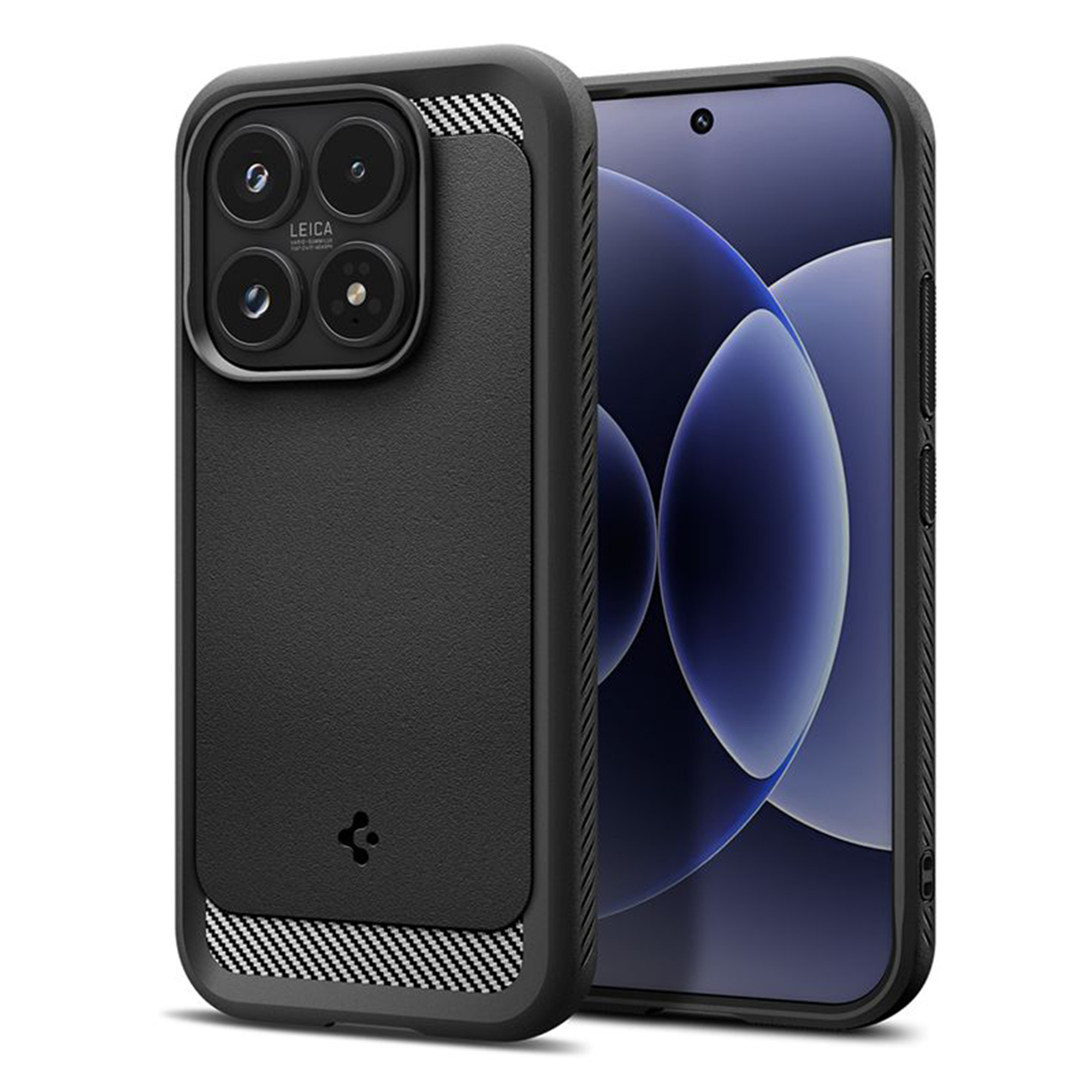 Zwarte telefoon met vier camera's en Leica-logo, naast een andere telefoon.