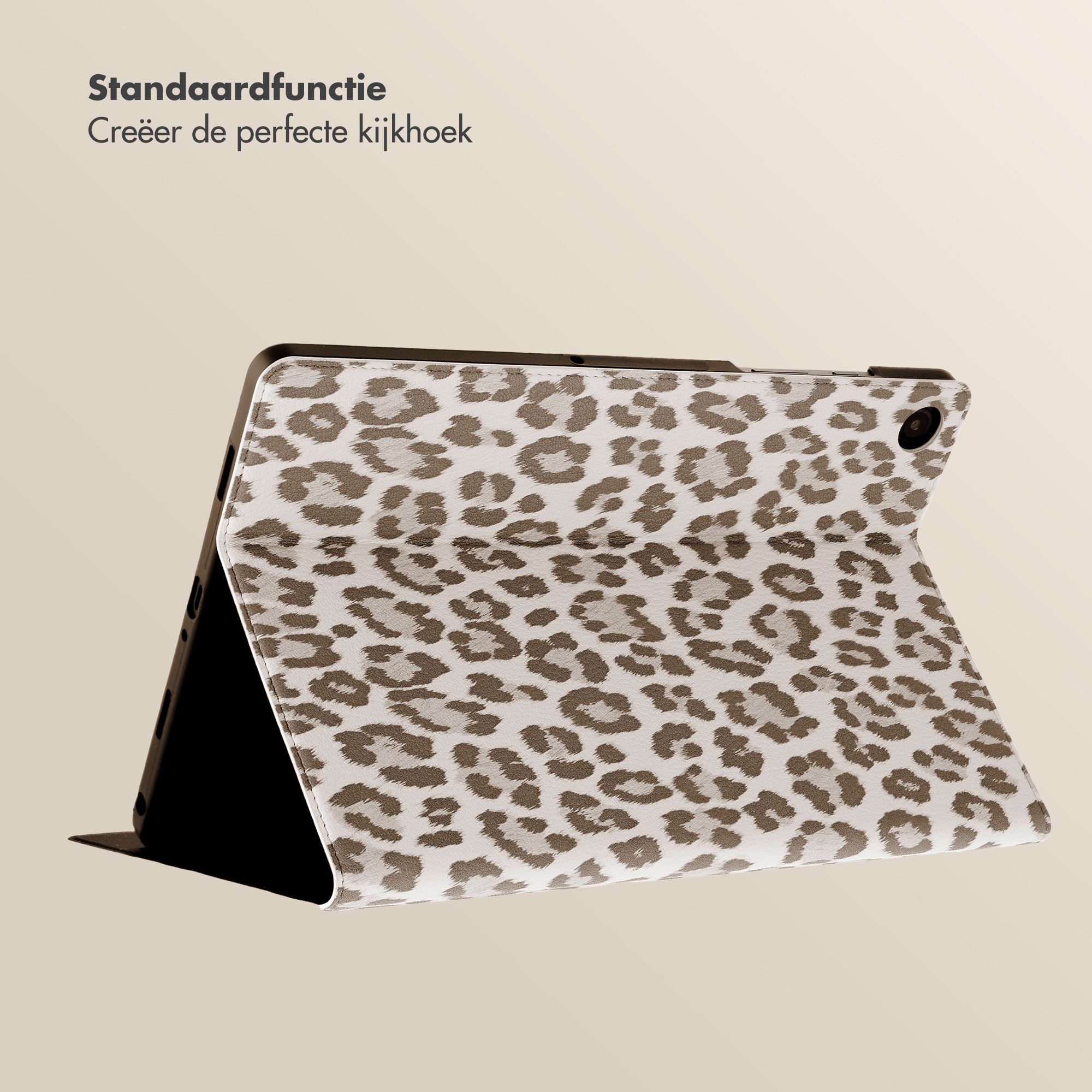 A tablet with a leopard print case stands upright, showing its rear camera.