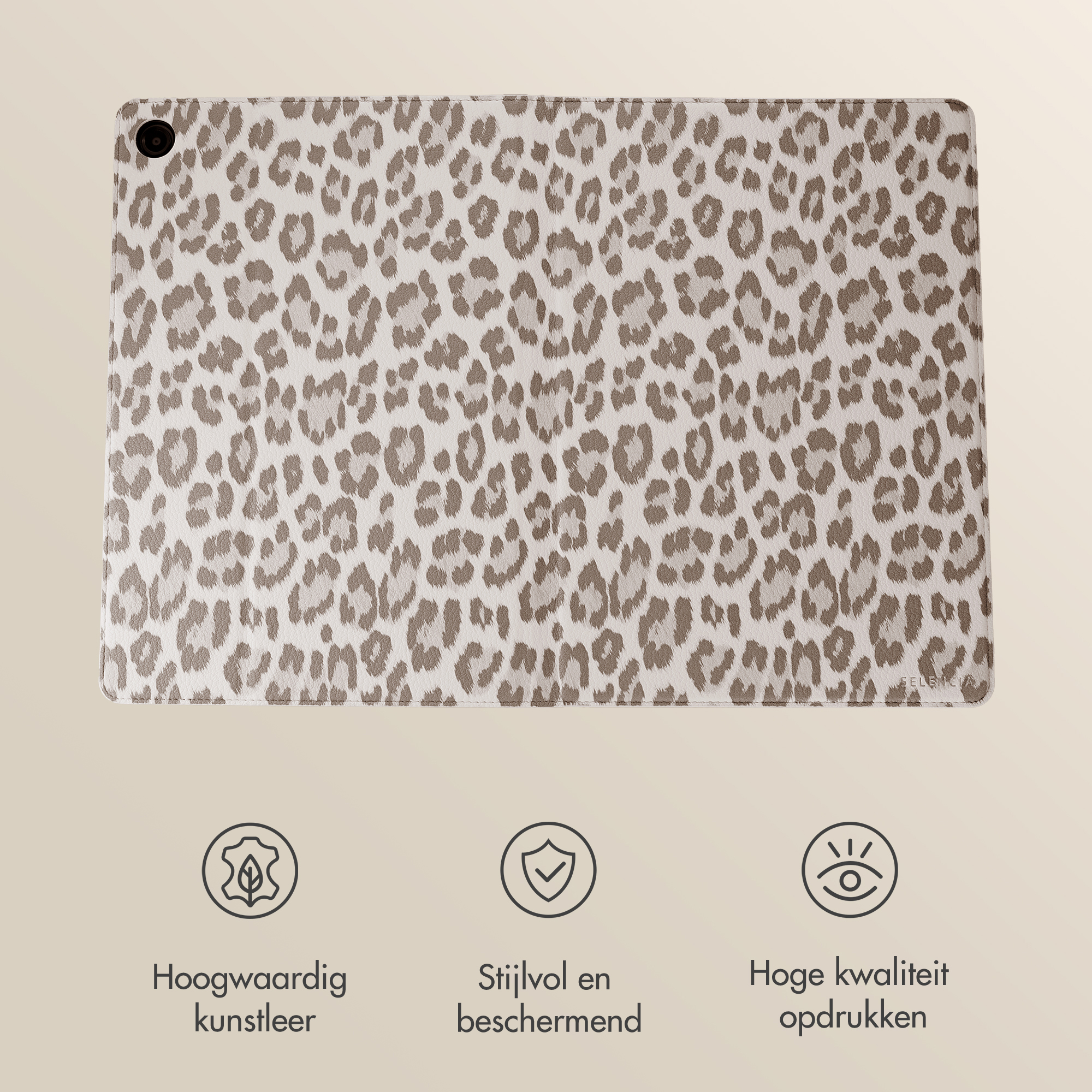A tablet with a leopard print, white with brown spots.