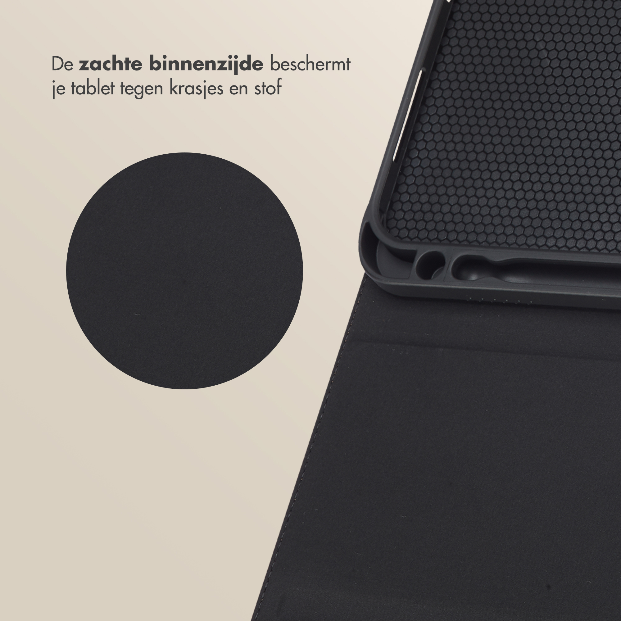 Black tablet case with honeycomb interior and text.