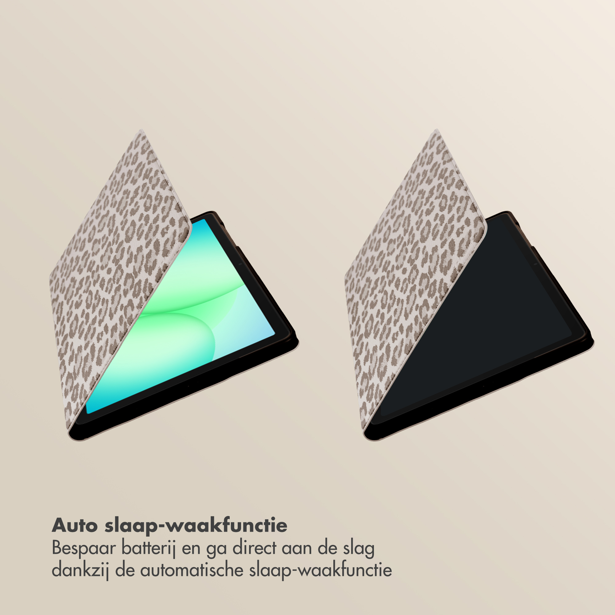 Two tablets with leopard print covers. One is on, one is off.
