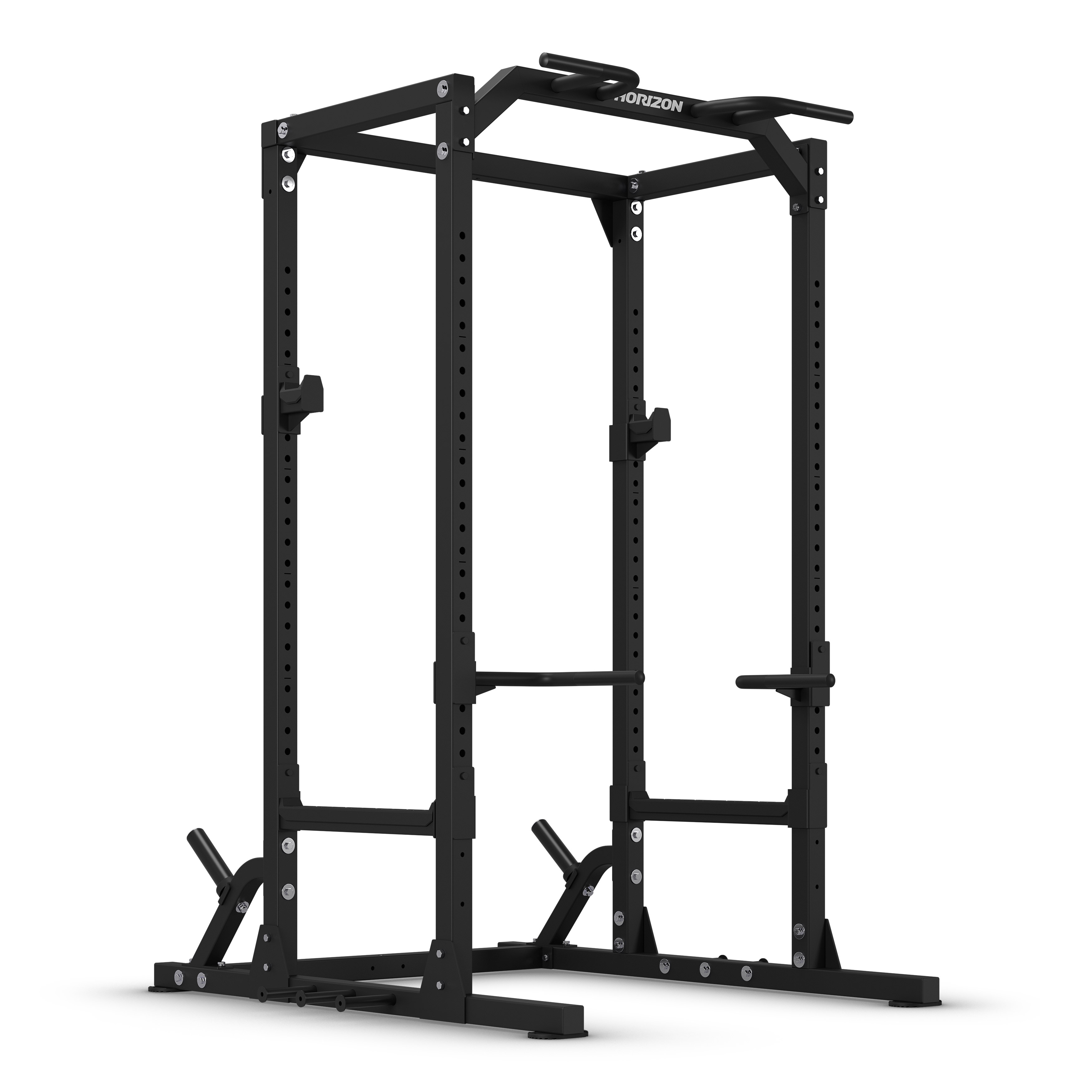 Un rack de potencia negro con barra de dominadas y soportes.