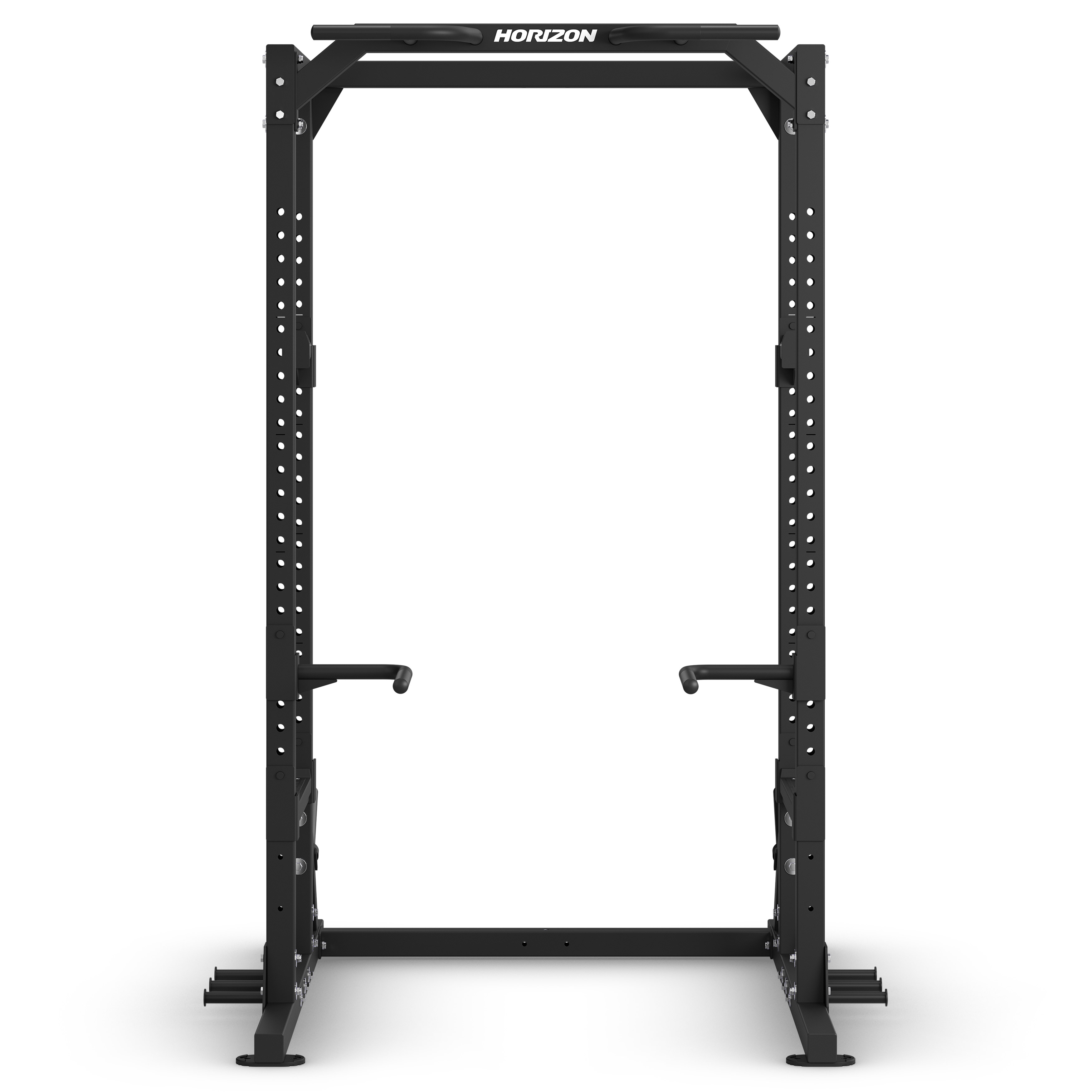 Rack de potencia negro con barra de dominadas y soportes para pesas.