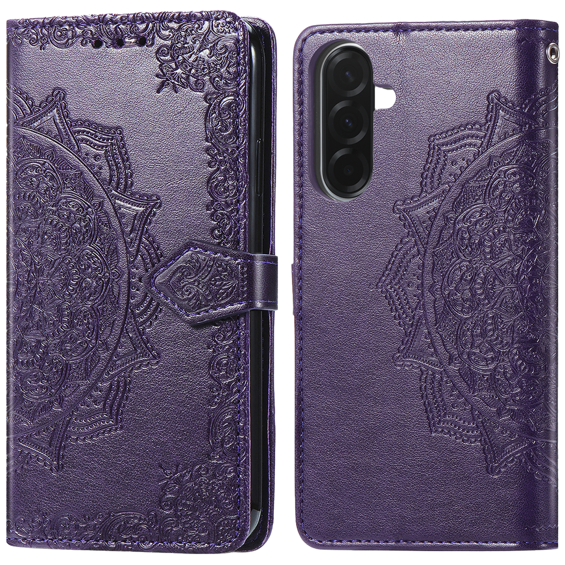 Paarse telefoonhoes met reliëf mandala-ontwerp, open en gesloten.